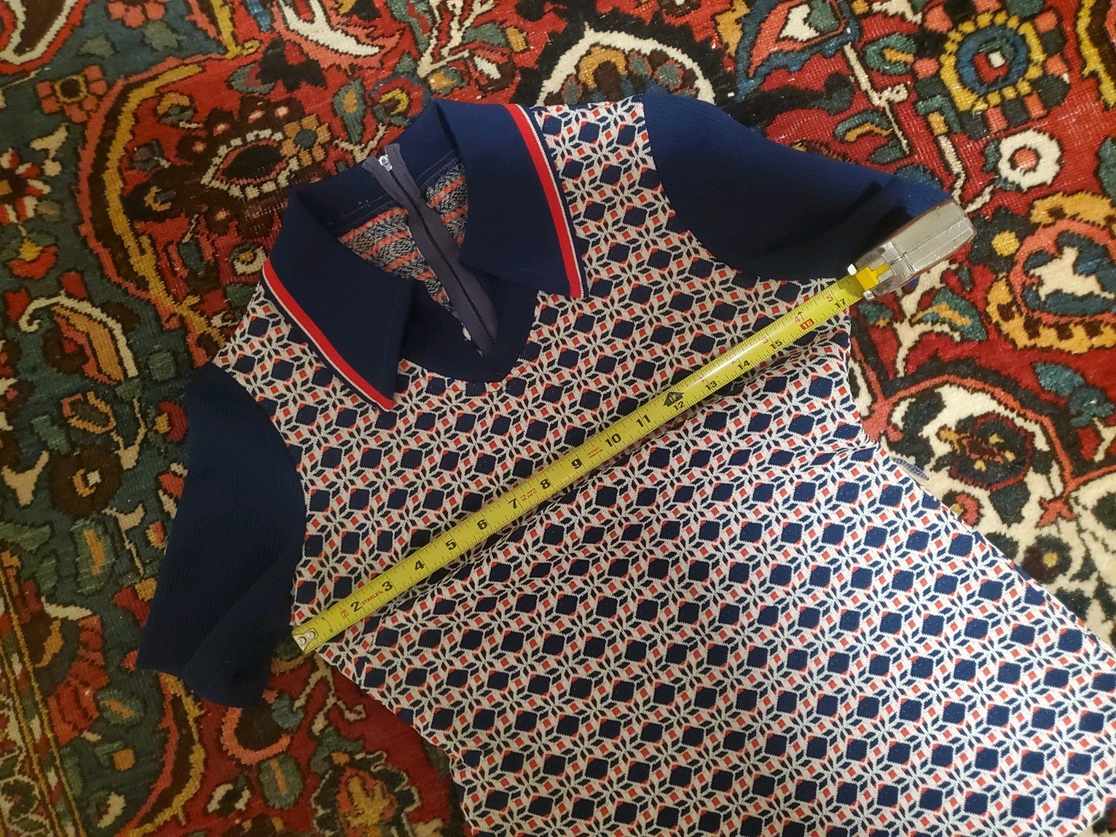 Blue 1970s Geometric Collared Short Sleeve Zip-Up Shirt S/M Short Length