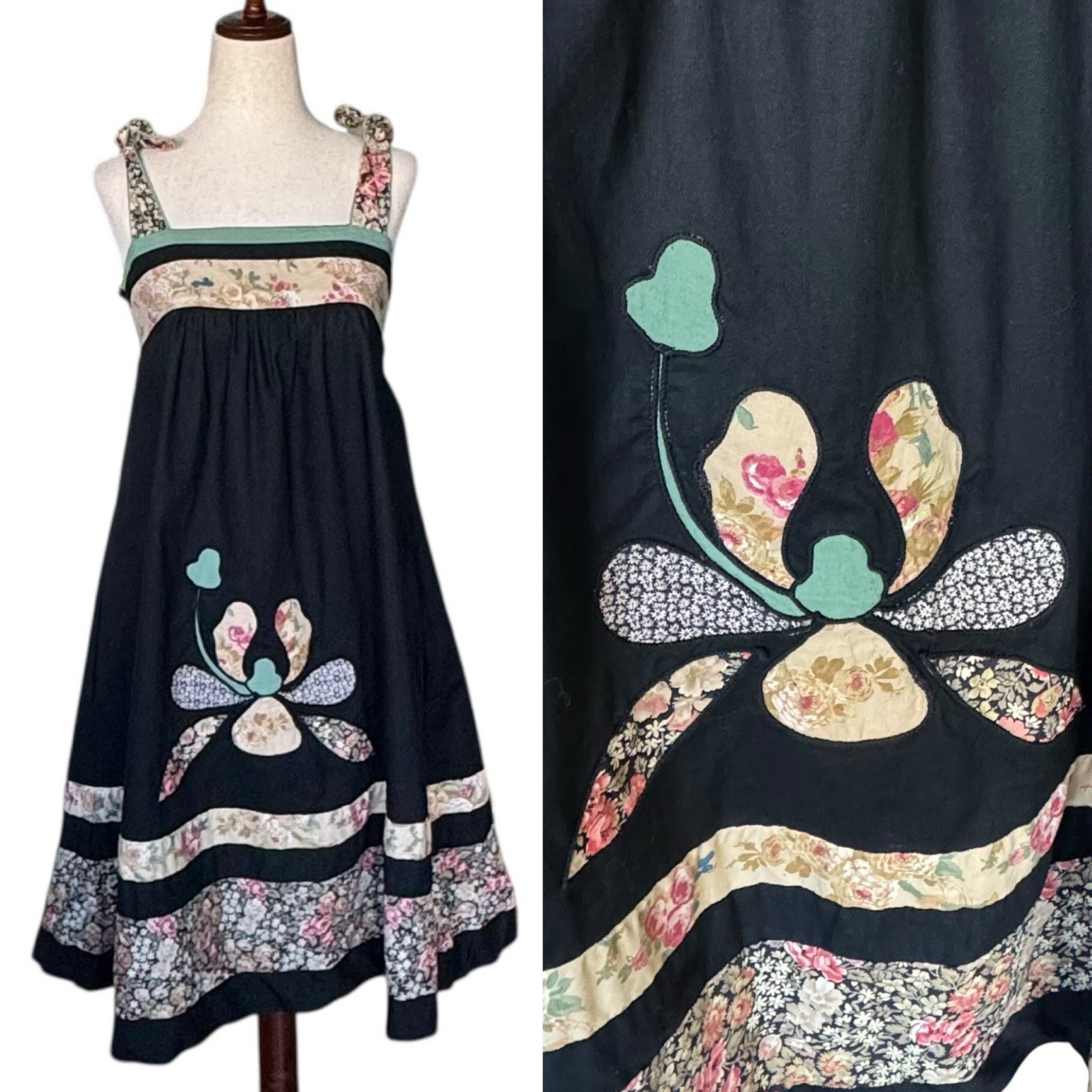 Vintage 60s 70s Young Edwardian Black Floral Sun Dress Boho Hippie Patchwork XS