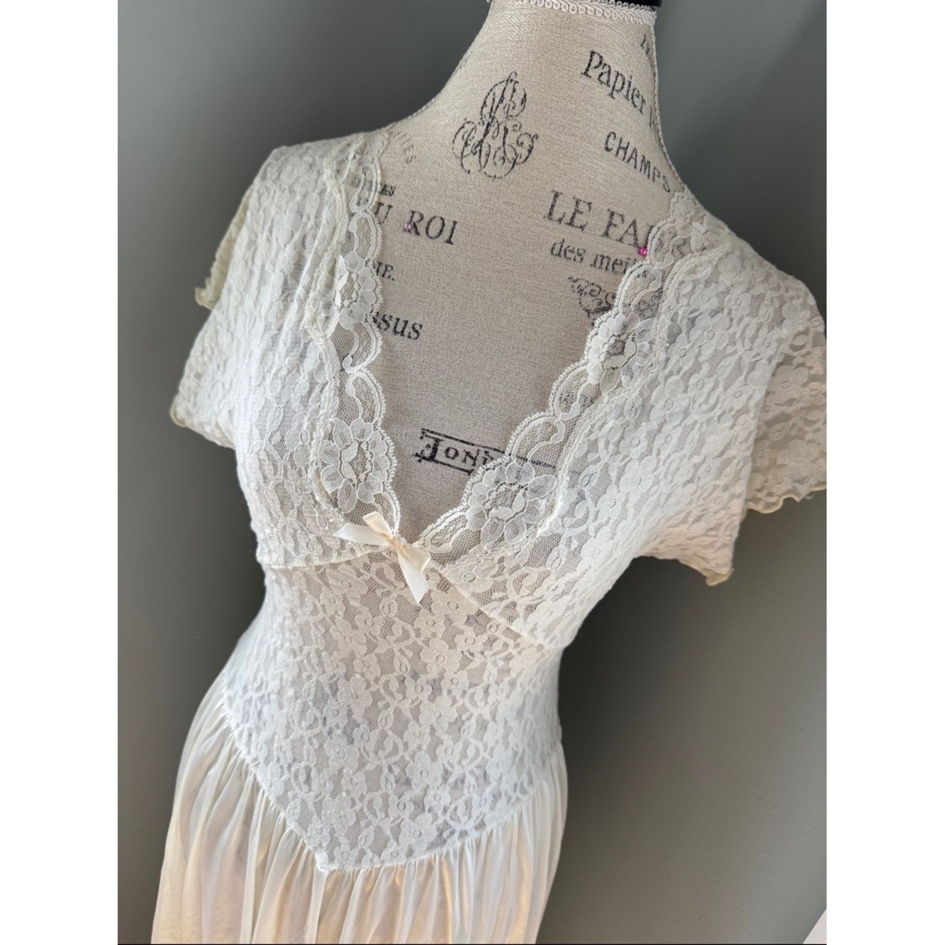 Olga for Vandemere ivory lace bodice cap sleeve slip dress Fairycore midi M-L