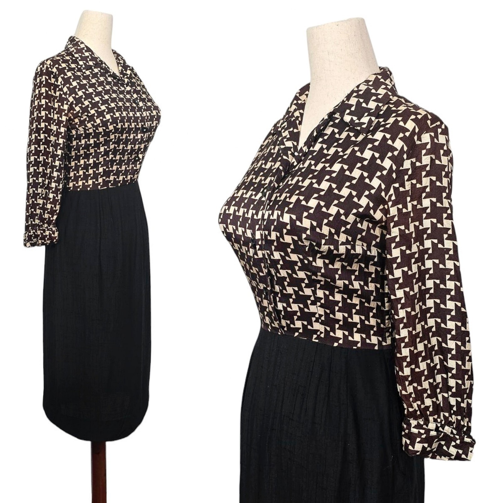 1950s Vintage Dress 50s Cocktail Wiggle Brown Cream Houndstooth Small Leslie Fay