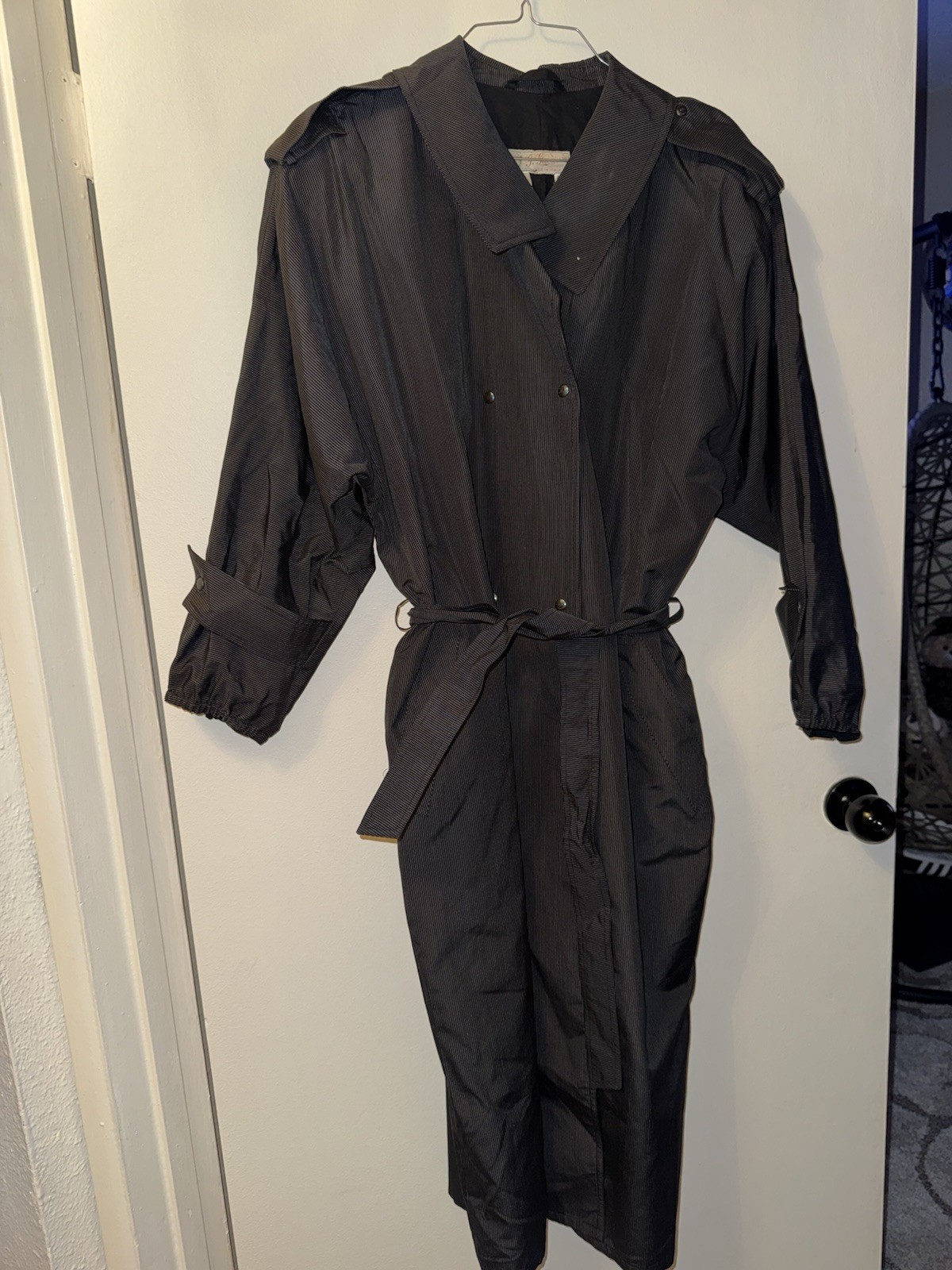 Vintage 1970s/80s Gucci Charcoal/White Striped Trench Coat, Size 40 (women’s)