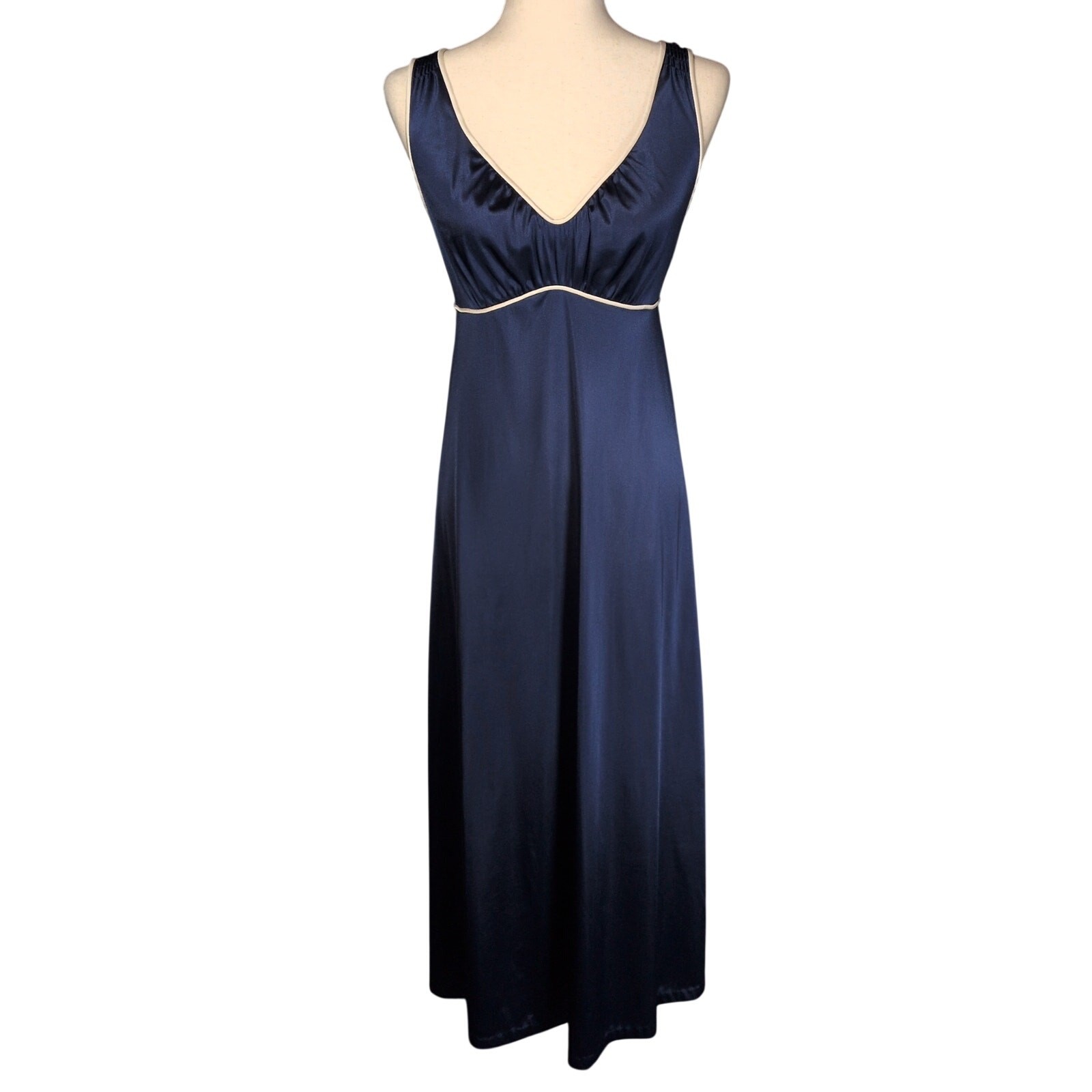 Vintage 70s JCPenney Blue Satin Maxi Nightgown Tie Sleeveless Slip Dress XS/S