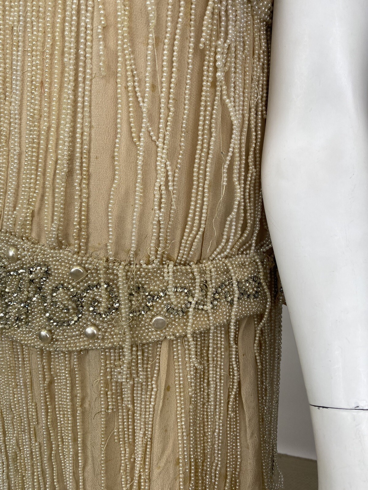 Real Antique 1920s Flapper Wedding Gown Train Headpiece Pearls Rhinestones