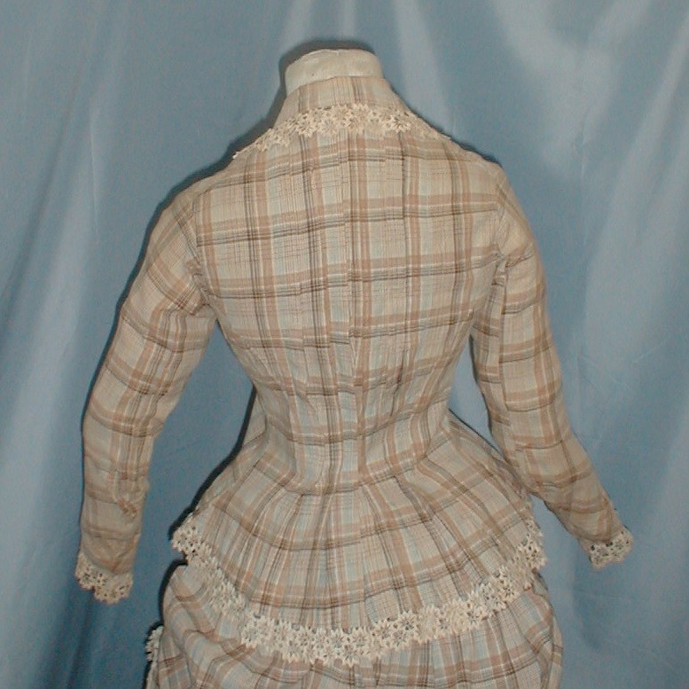 Charming Antique 3 Piece Bustle Dress Victorian 1870 Beige Plaid Cotton