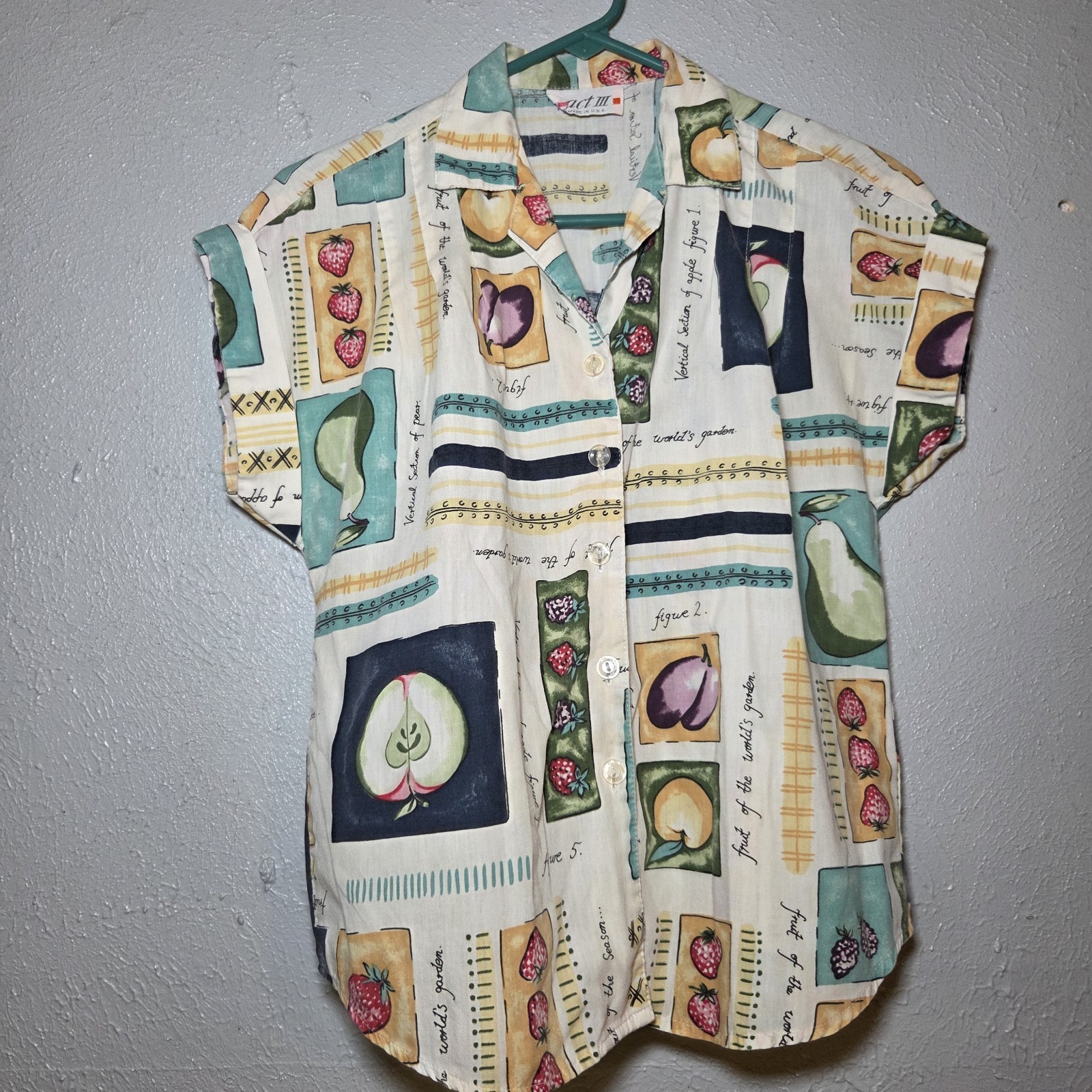 Vintage Fruit Print Blouse Button Up Cottagecore Gardencore Art Teacher Aesthet