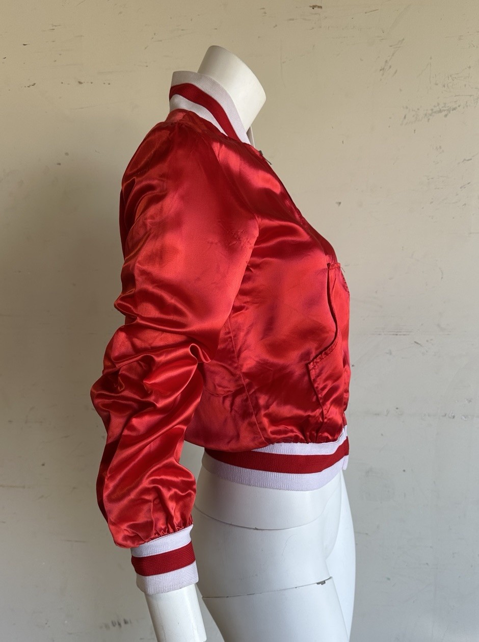Vintage 70s Red Satin Bomber Jacket Roller Girl Farrah Fawcett Disco 1970s