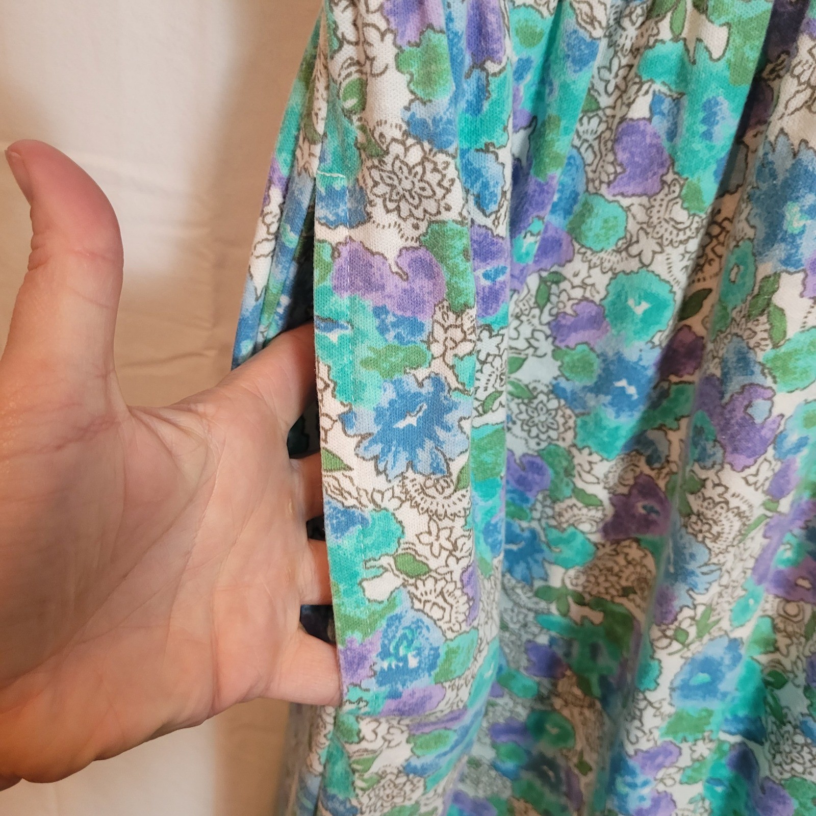 Vintage Lands End Floral Midi Dress Womens Large Teal Purple Cotton Blend USA