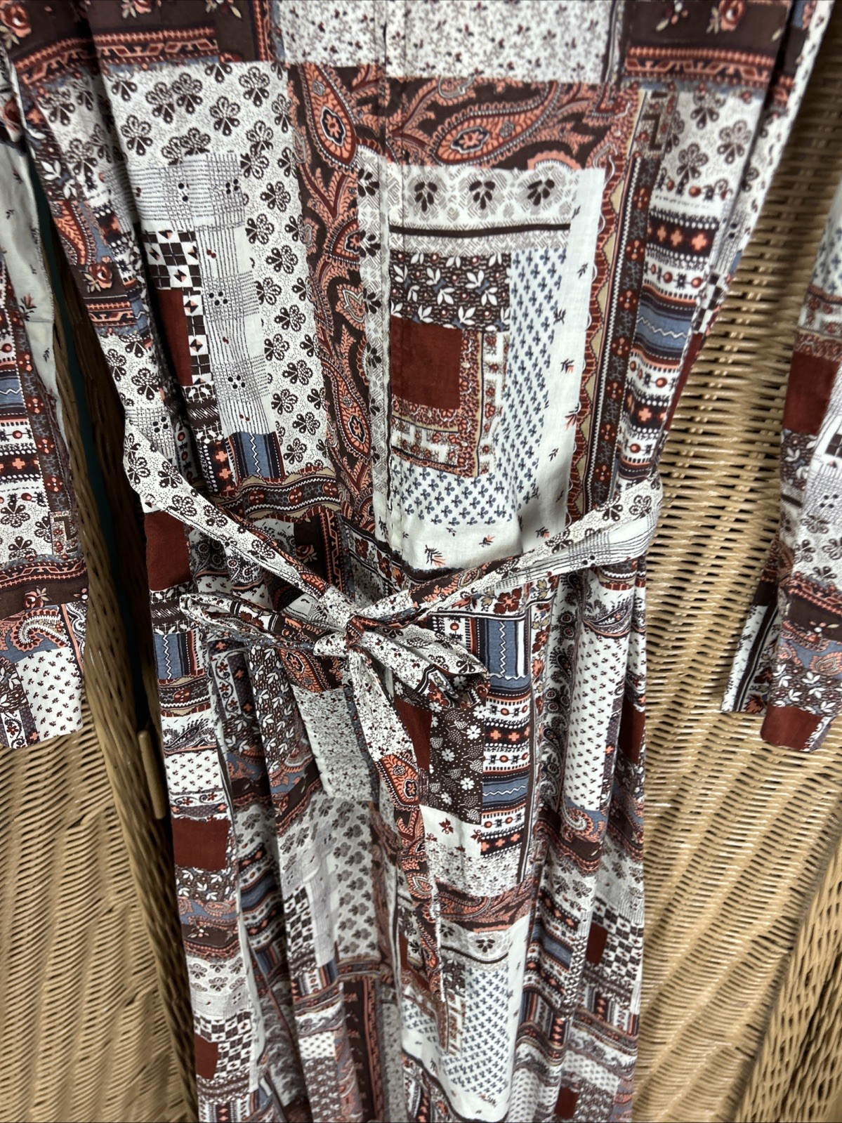 Vintage Patchwork Dress Prairie Removable Collar Homemade Brown Beige Blue