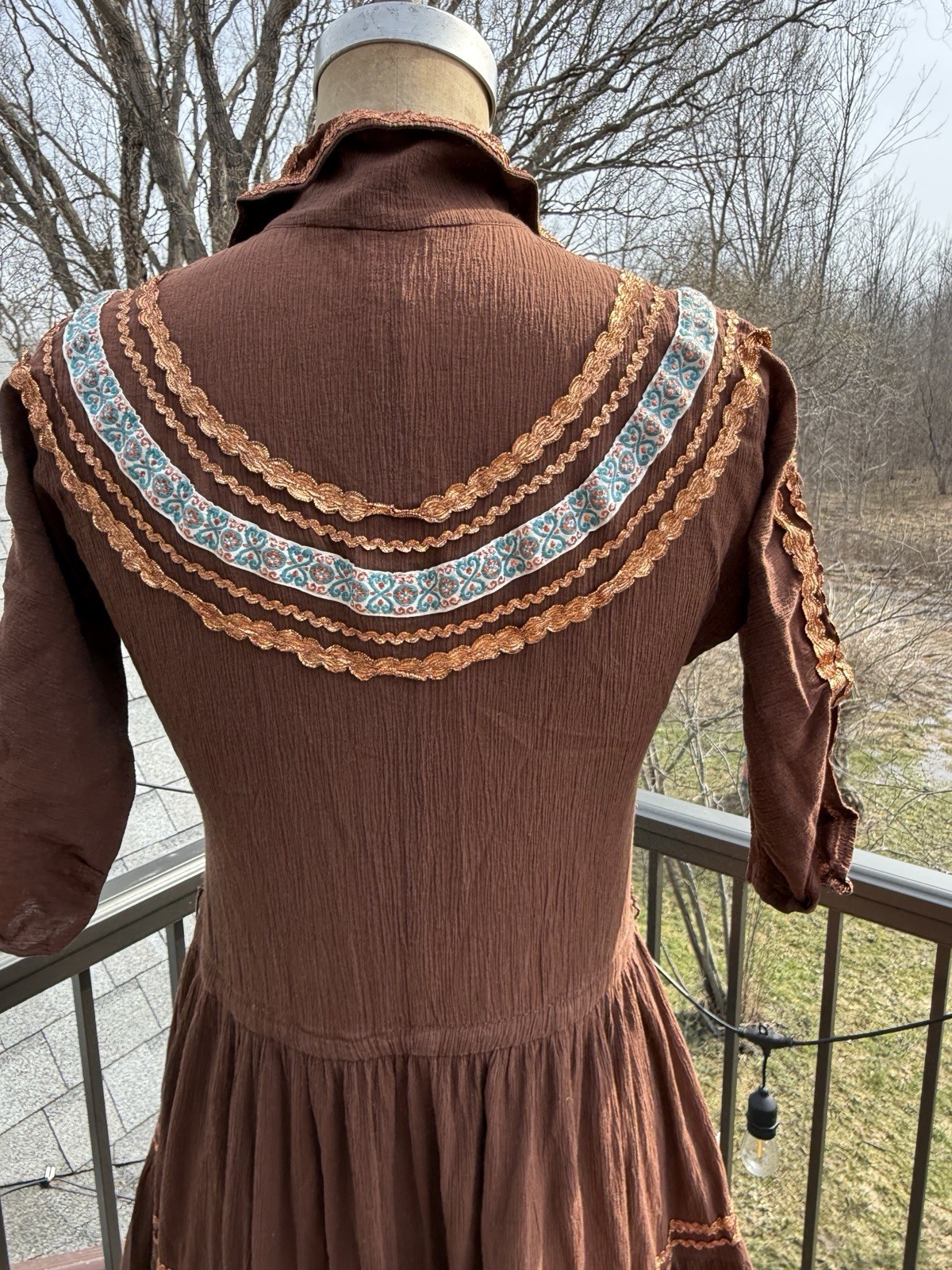 Vintage Faye Creations Patio Fashions Arizona Brown Dress Copper / Blue Trims