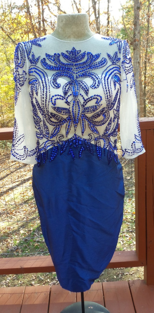 Vintage GARDENIA Blue Sequin Beaded Formal Cocktail Party Dress M/L