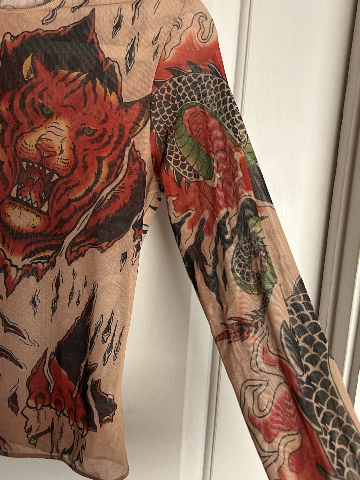 Y2K Unbranded Top Sheer Nude Tattoo Mesh Dragon Tiger Long Sleeve Women’s M