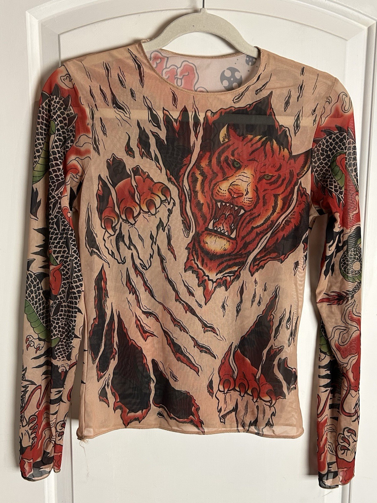 Y2K Unbranded Top Sheer Nude Tattoo Mesh Dragon Tiger Long Sleeve Women’s M