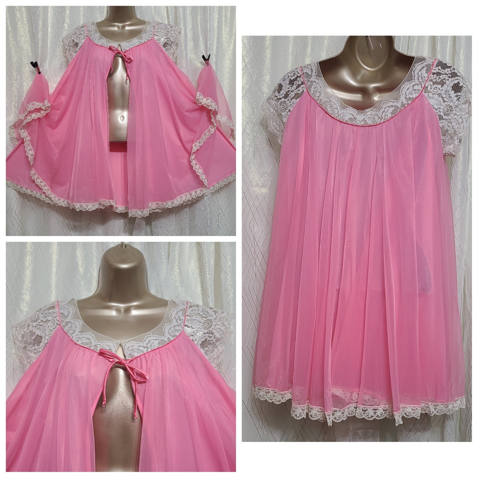 VTG P S TWIRLY LUCIE ANN Peignoir Robe Rich Pink LACE DOUBLE Nylon Fancy sexy