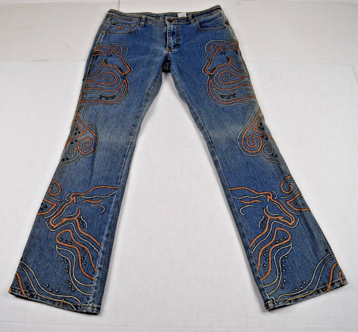 Vintage Jordache Horsehead Jeans 34 x 30 80s Blue Shimmer Stallions Studs Flare