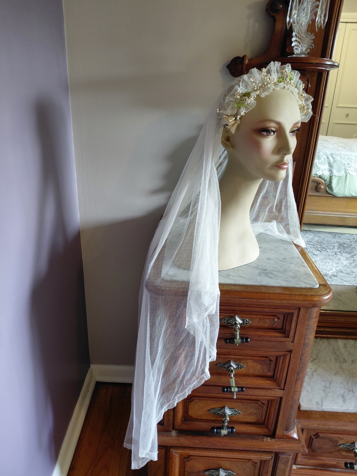 Antique Vintage 1920&rsquo;s Wedding Bridal Veil Wax Orange Blossom Buds Peach Ribbons