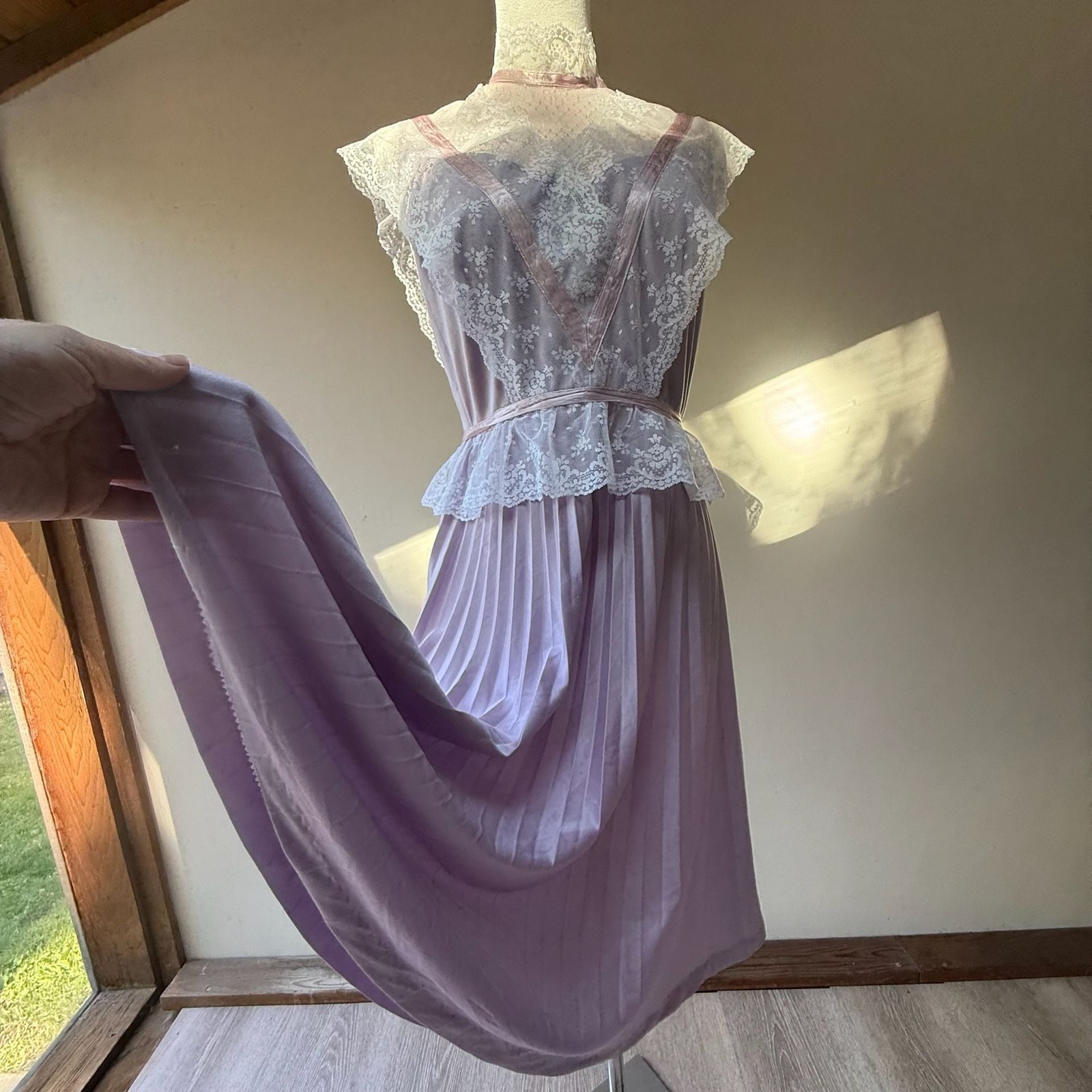 Vintage 1970s Lilac Pleated Lace Maxi Dress with Ribbon Peplum and High Neck