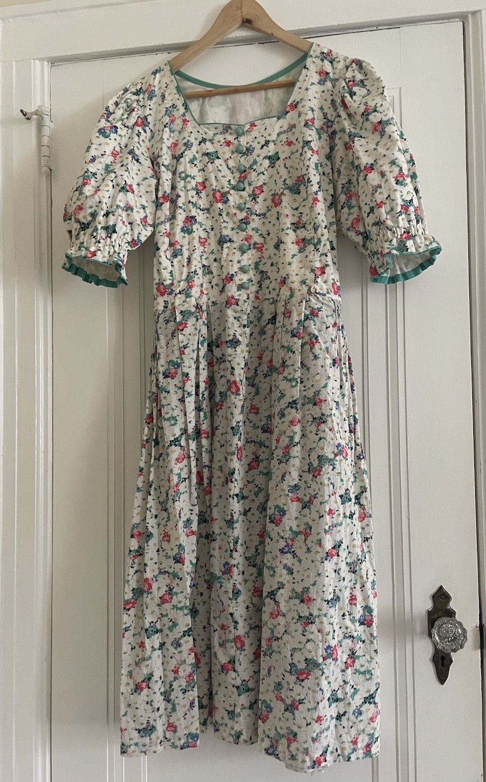 Vintage Floral Square Neck Balloon Short Sleeve Midi Homemade Day Dress S/M
