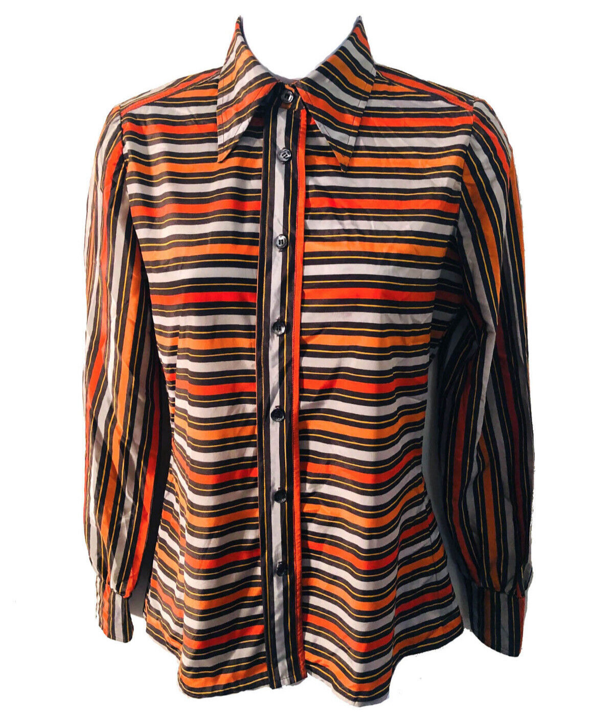 Judy Hornby London 1980s Vintage Graphic Orange + Navy Rayon Collar Blouse sz 6