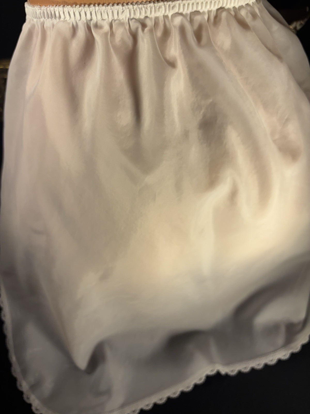 Vtg SATIN THIN TISSUE SHEER MINI SLIP SKIRT Oily Wet thin LINGERIE OFFICE SISSY