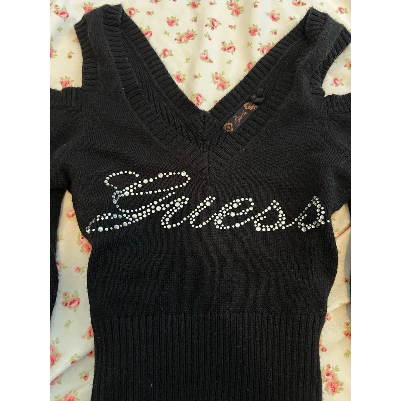 vintage guess black rhinestone long sleeve fitted sweater babydoll top
