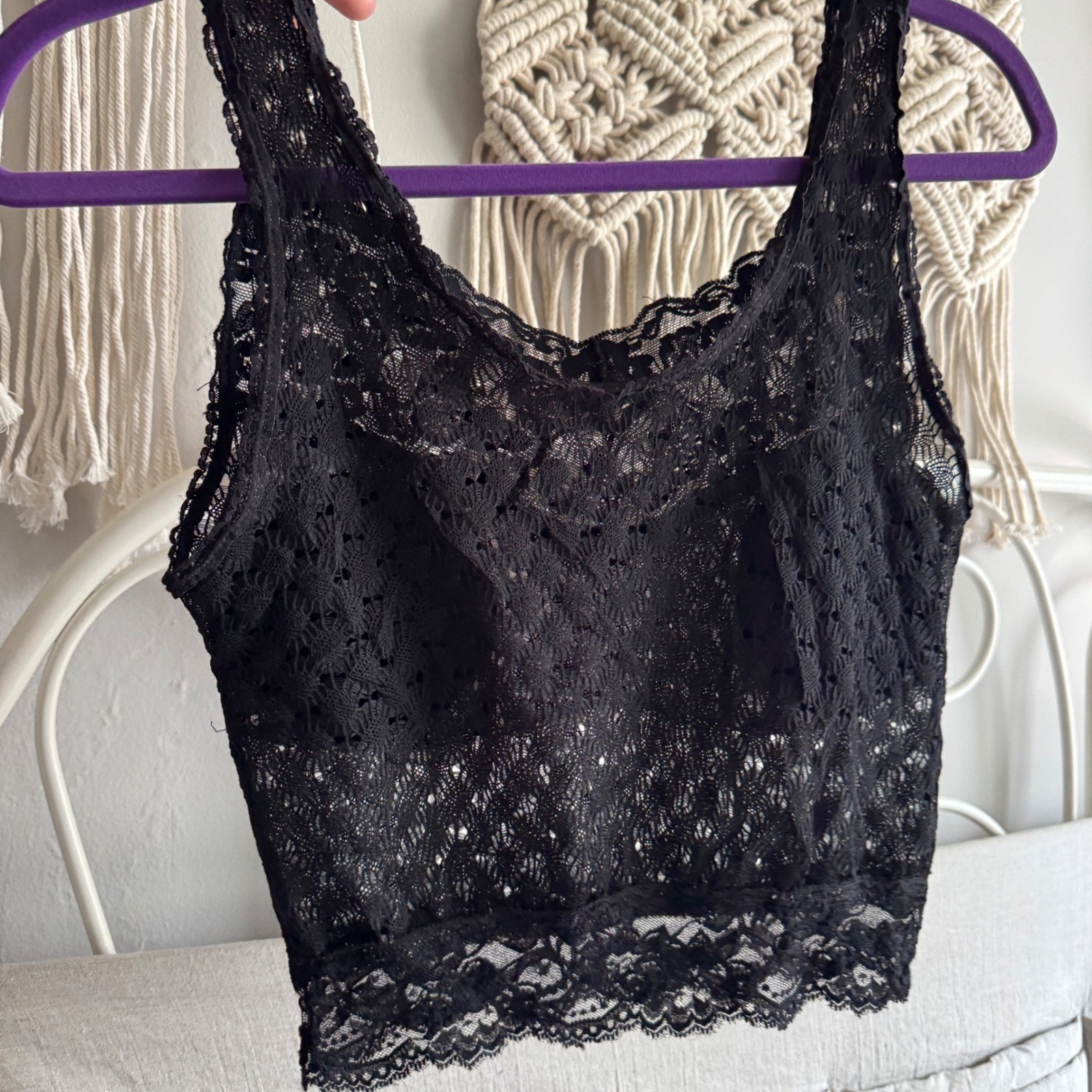 Unbranded Vintage Lace Crop Tank Top S Black Floral Sheer Goth Coquette Bow