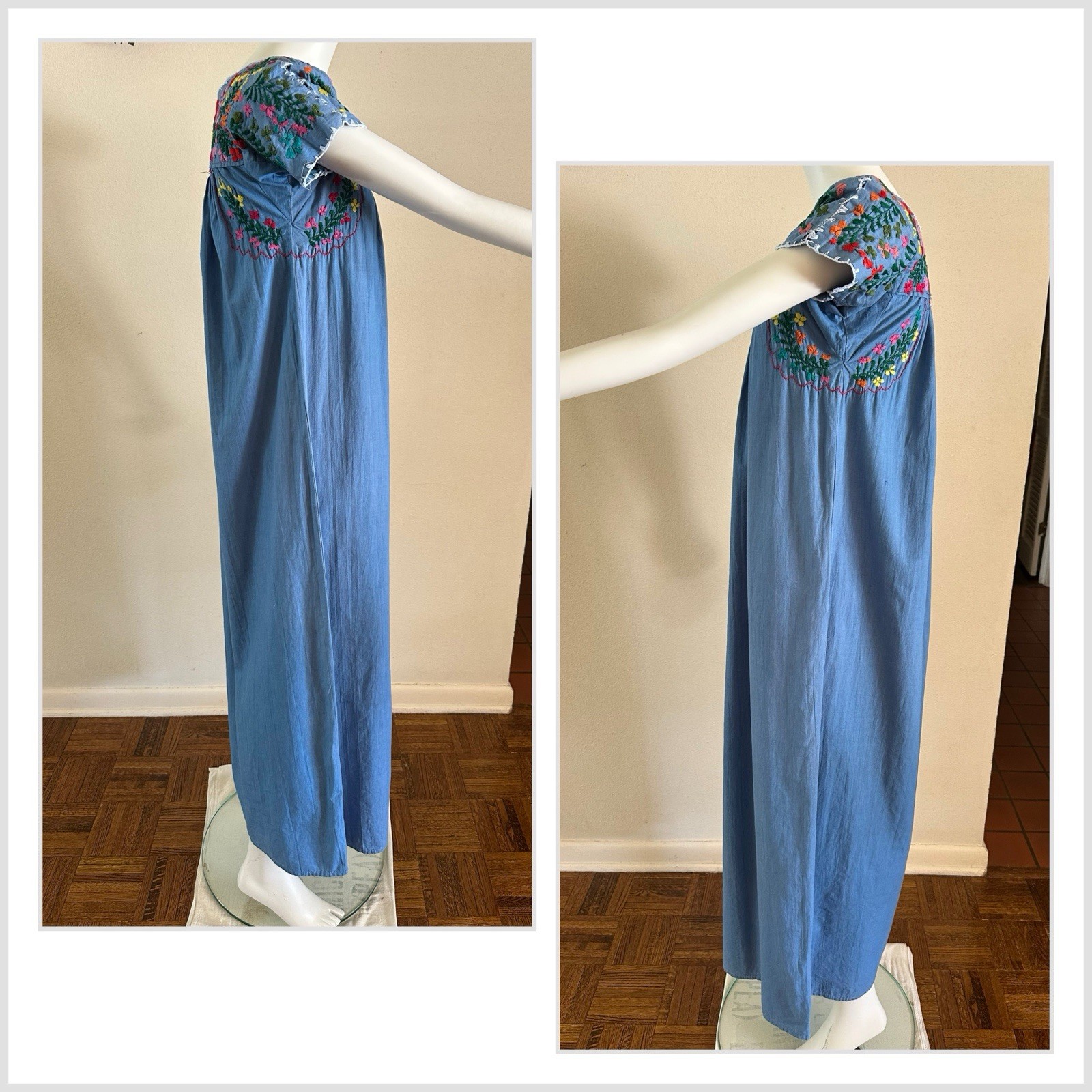 1970s Blue Cotton Oaxacan Mexican Huipil Dress Embroidered Floral Maxi Sz S VTG