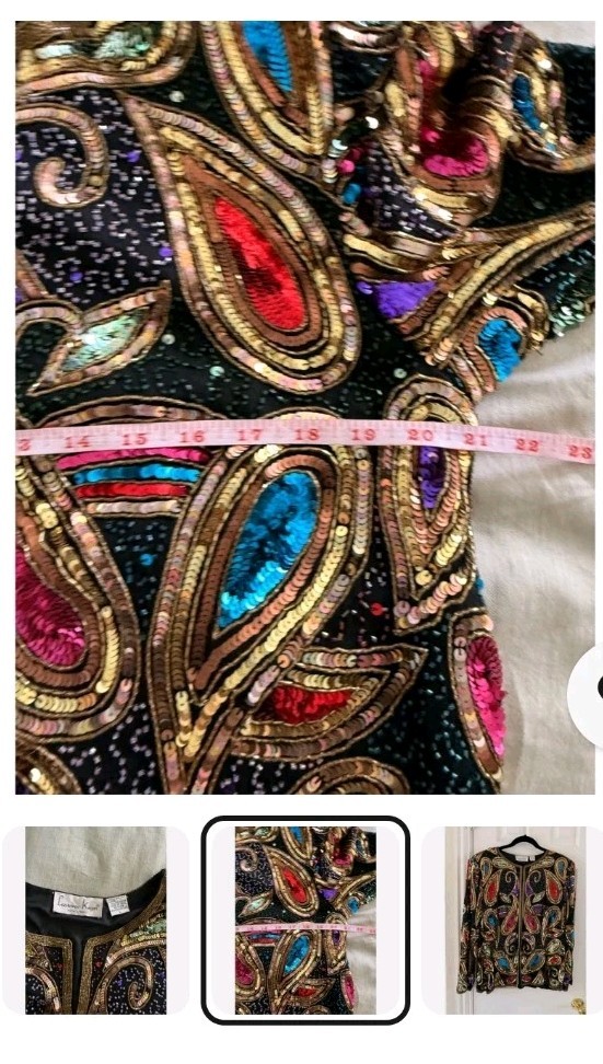 VINTAGE Laurence Kazar Silk Beaded Sequin Statement Jacket L Glam Art Wear
