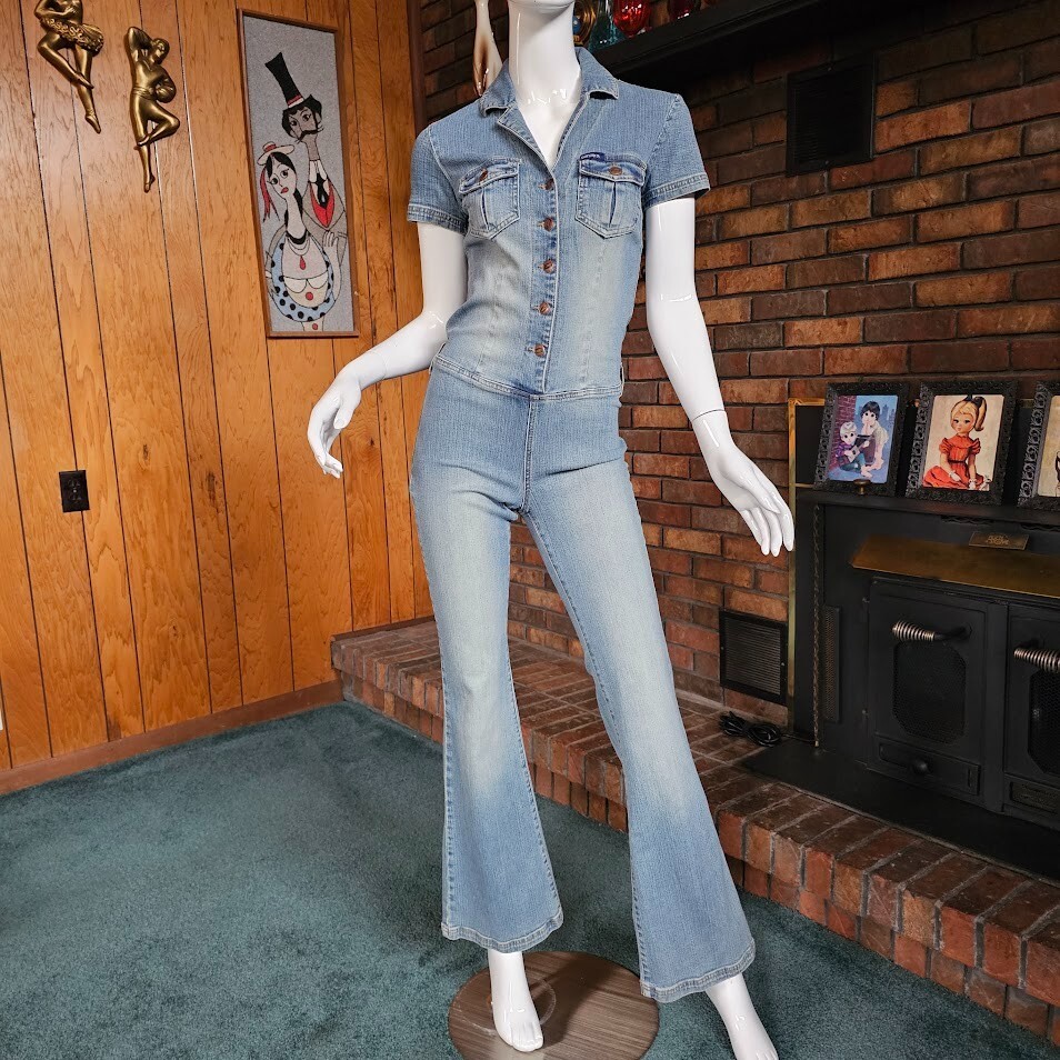 Vtg 90s do 70s Candies Denim Hiphugger Bellbottom Kick Flares Jeans Jumpsuit S/M