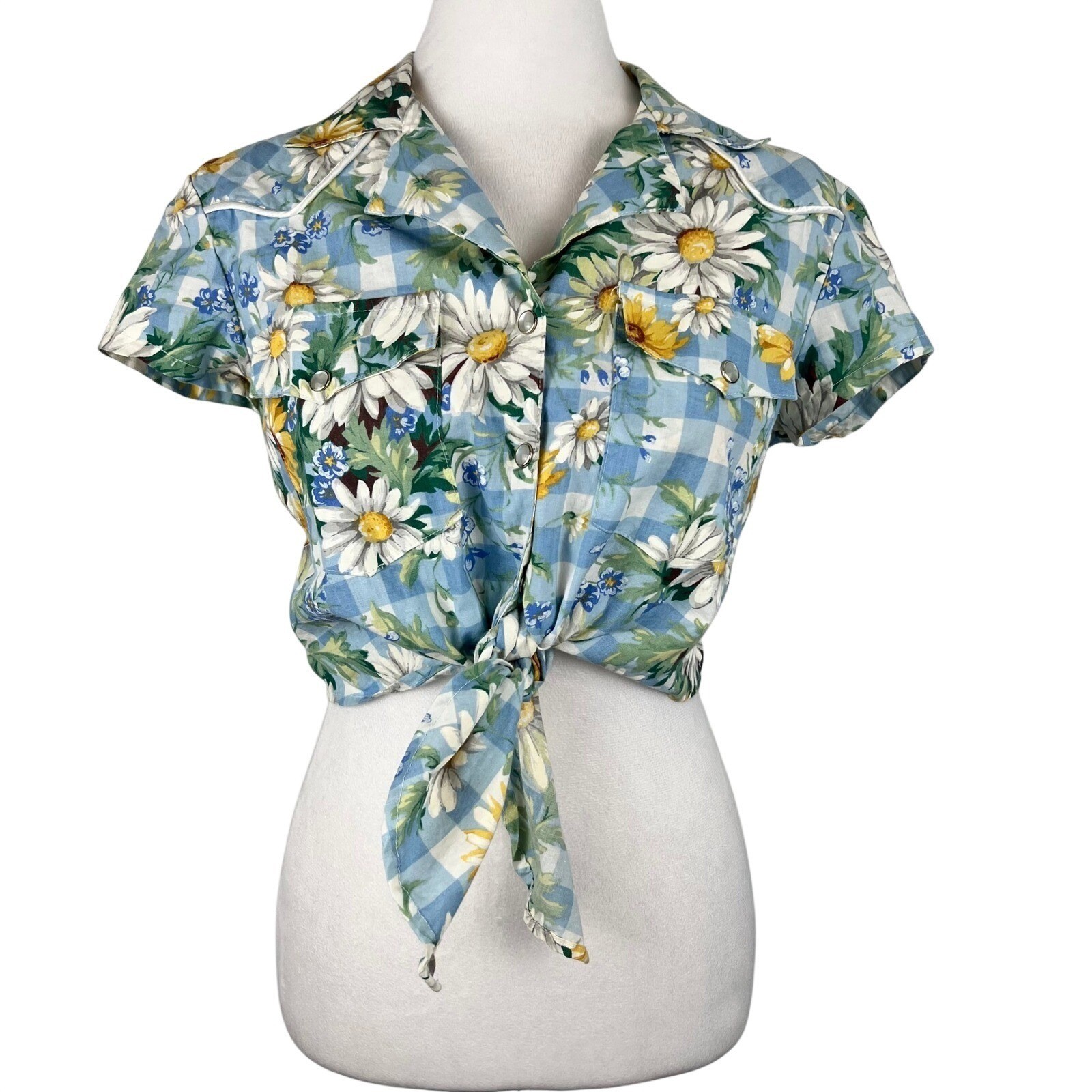 Paris Blues Vintage Western Daisy Gingham Tie Front Crop Shirt Blue White Medium