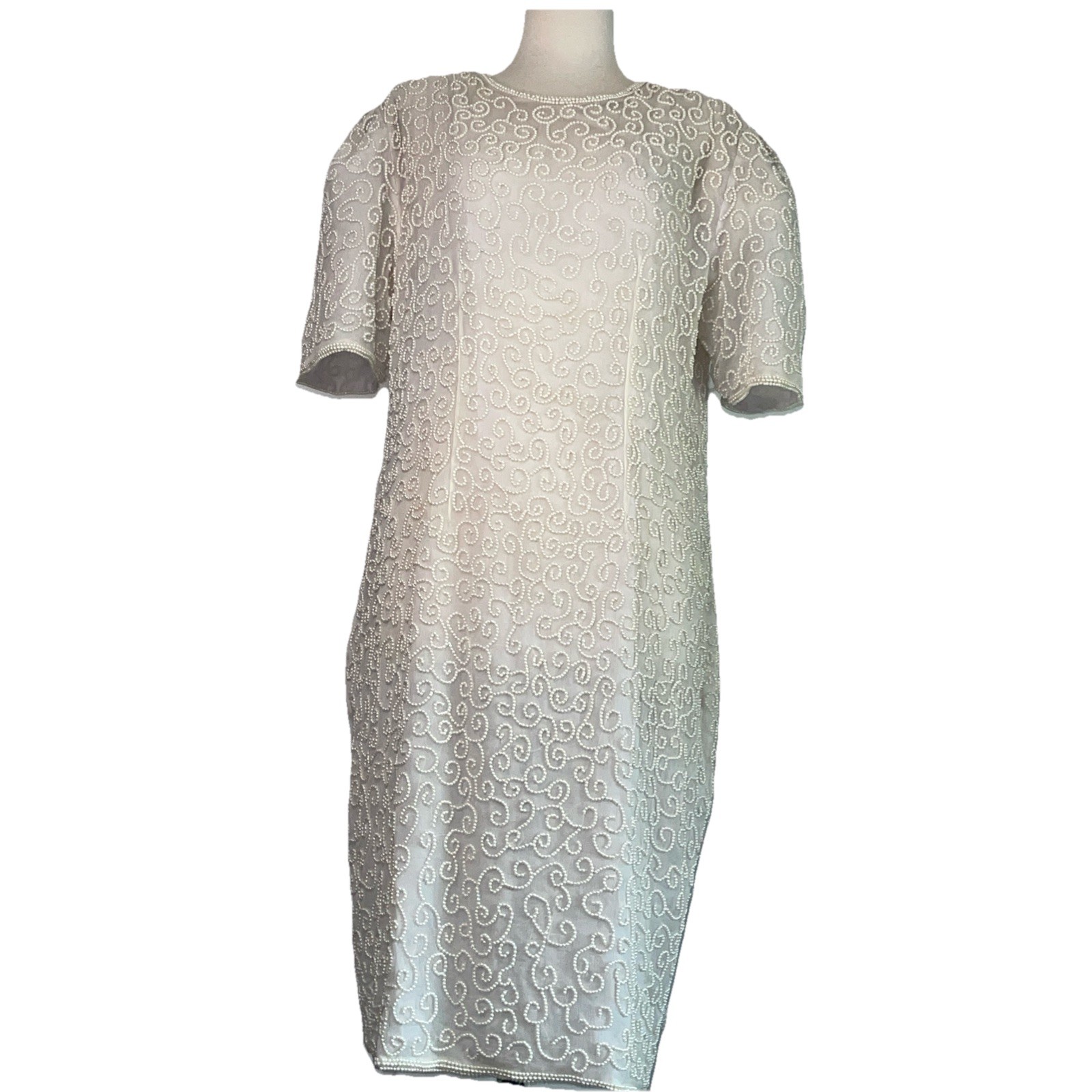 Milano Vintage 80s 90s Cream Silk Beaded Dress Size L