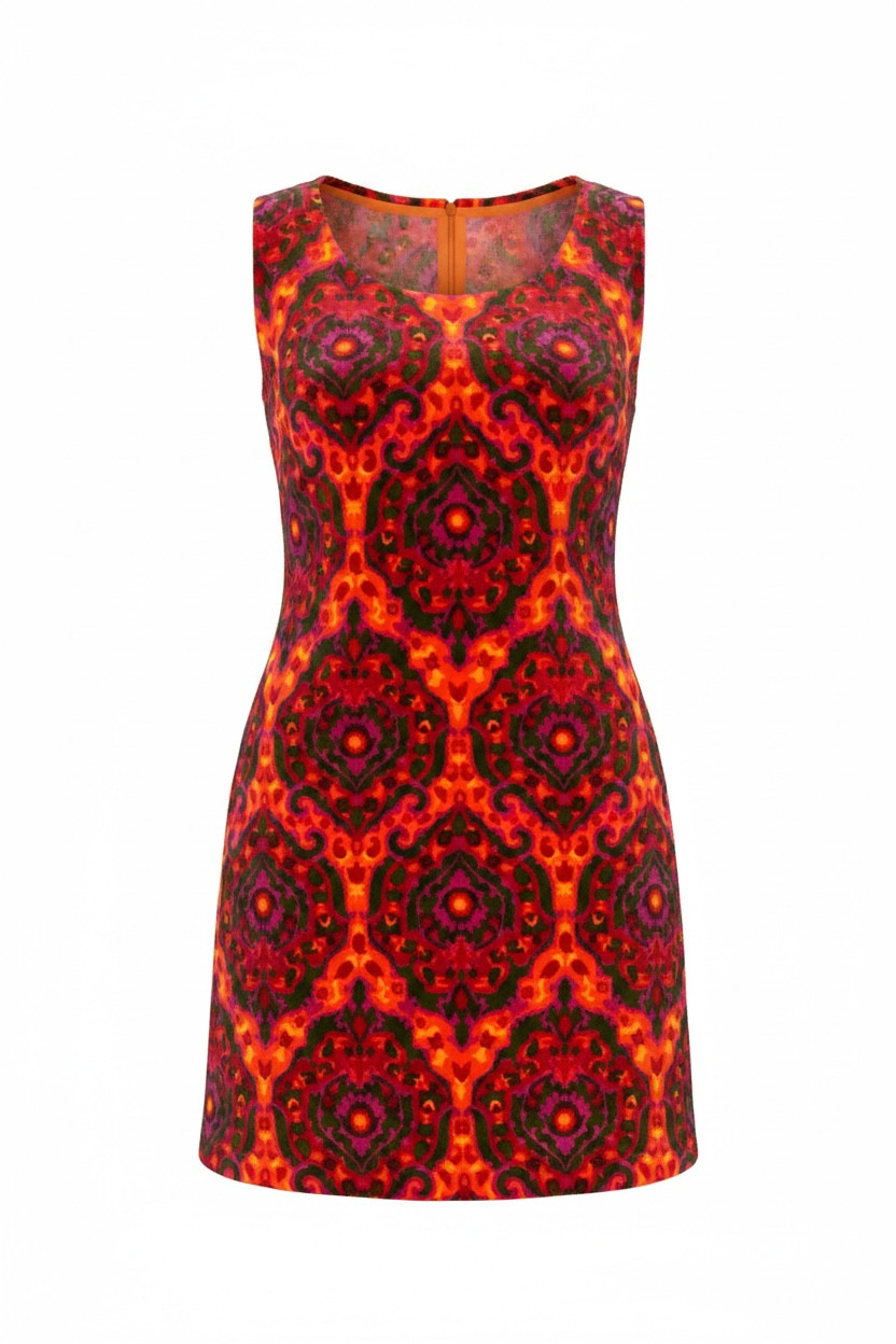 Vintage 60s Psychedelic MOD Sleeveless Dress Velour Zip Up Back Tapestry XL 14