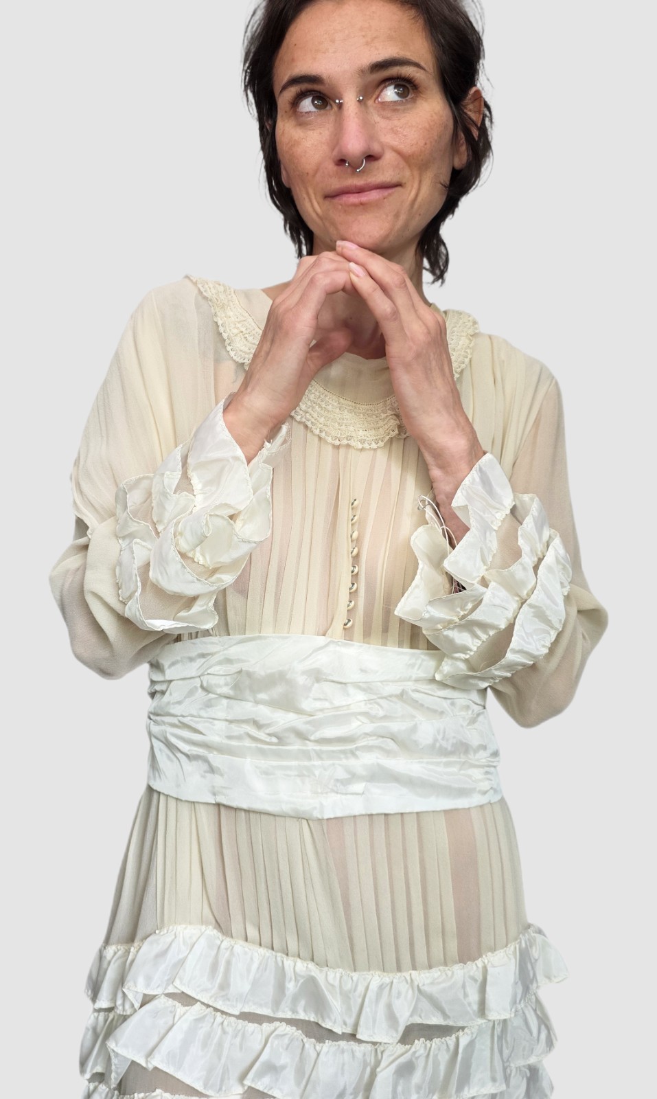 1920s Ivory Silk Chiffon & Taffeta Flapper Dress | Tiered Ruffle Art Deco…