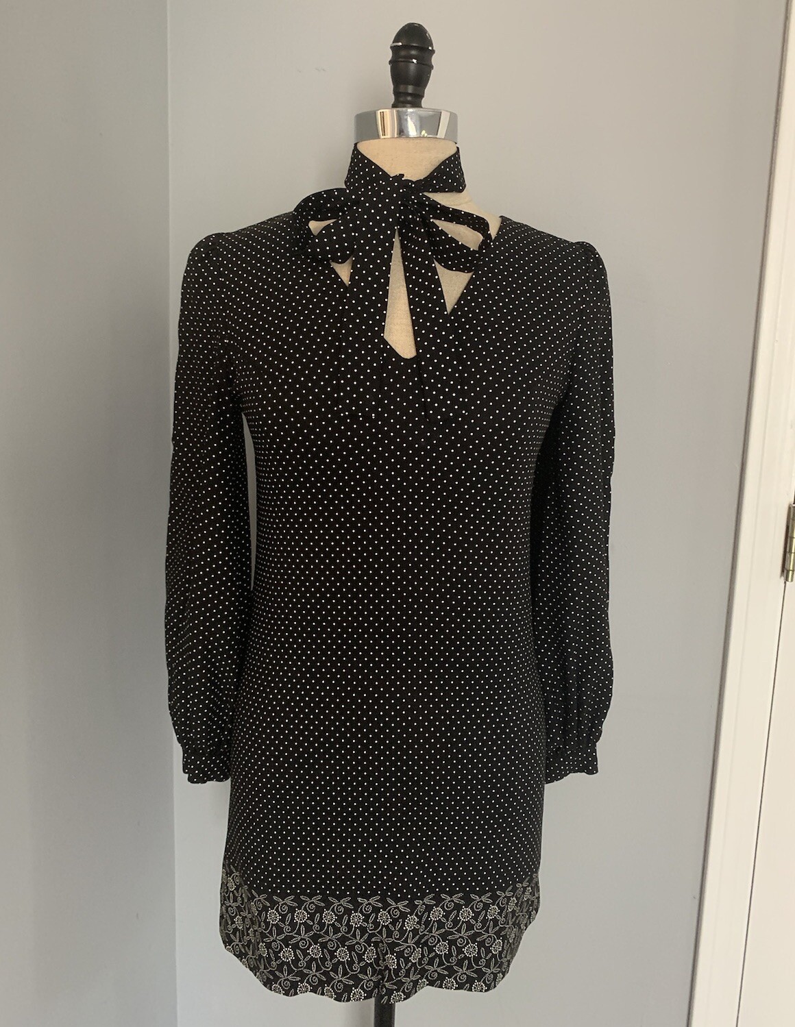Vintage 60s Young Edwardian Polka Dot Mini Dress & Scarf Balloon Sleeve Mod Boho