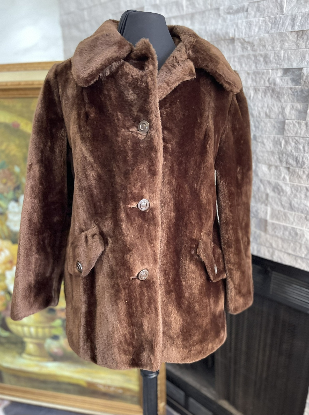 70s Sears Fashions Teddy Bear Double Breasted Coat Faux Fur Sherpa Brown