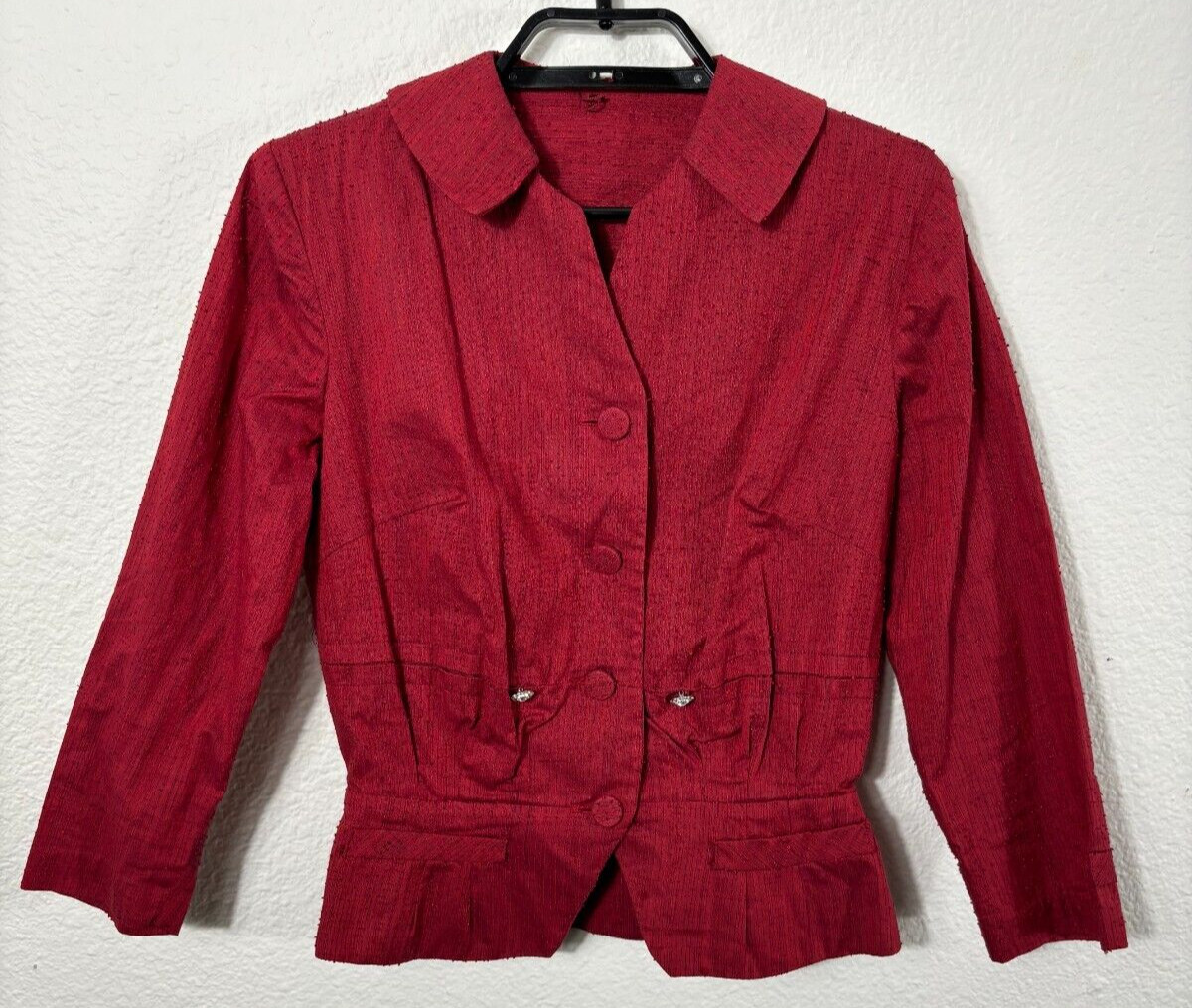 Vintage 1940s Top Womens Small Maroon Button Up Shantung Silk 3/4 Sleeve
