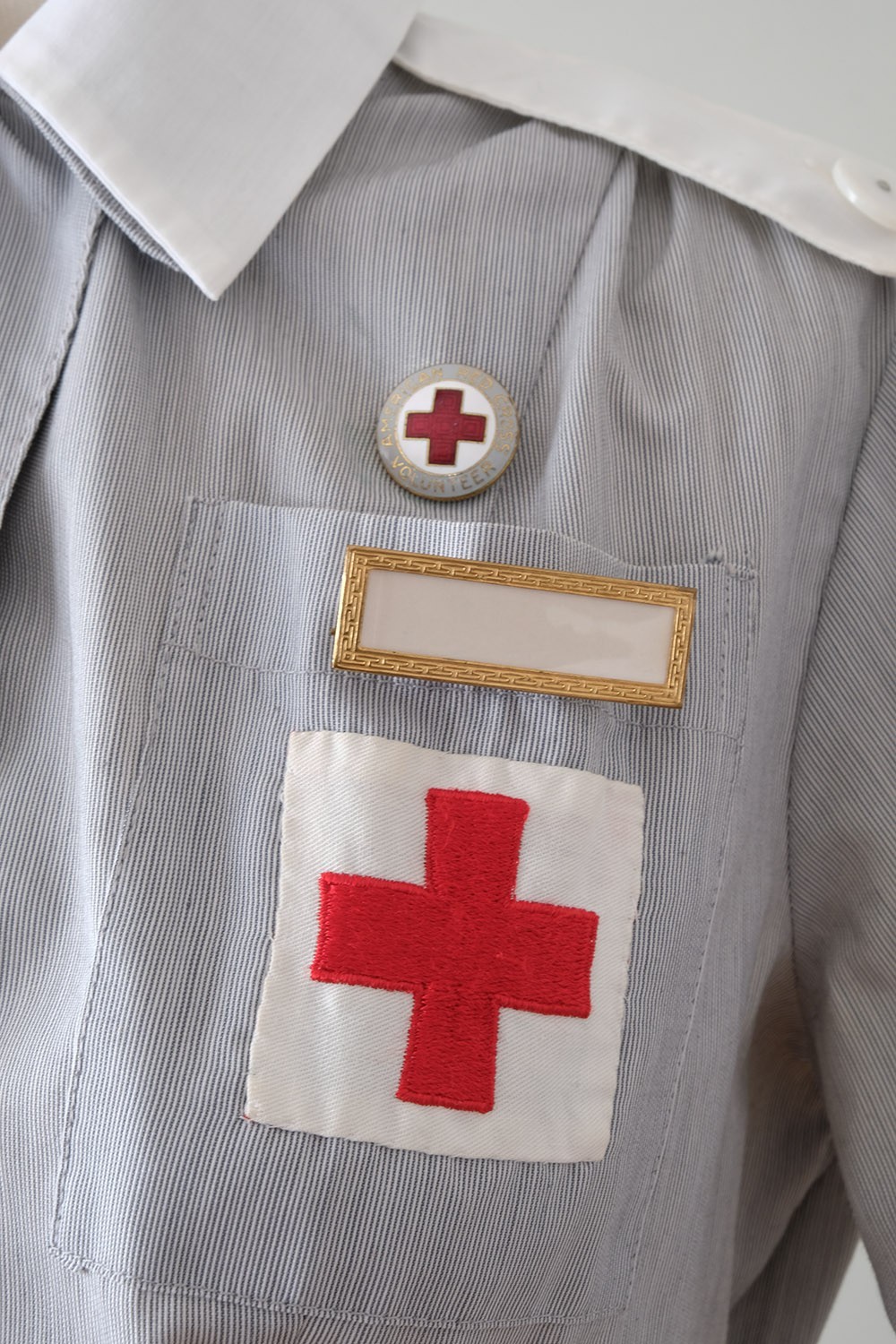 Vintage Post-WWII Red Cross Uniform Dress + Hat, Pins, Collars, and Name Plate