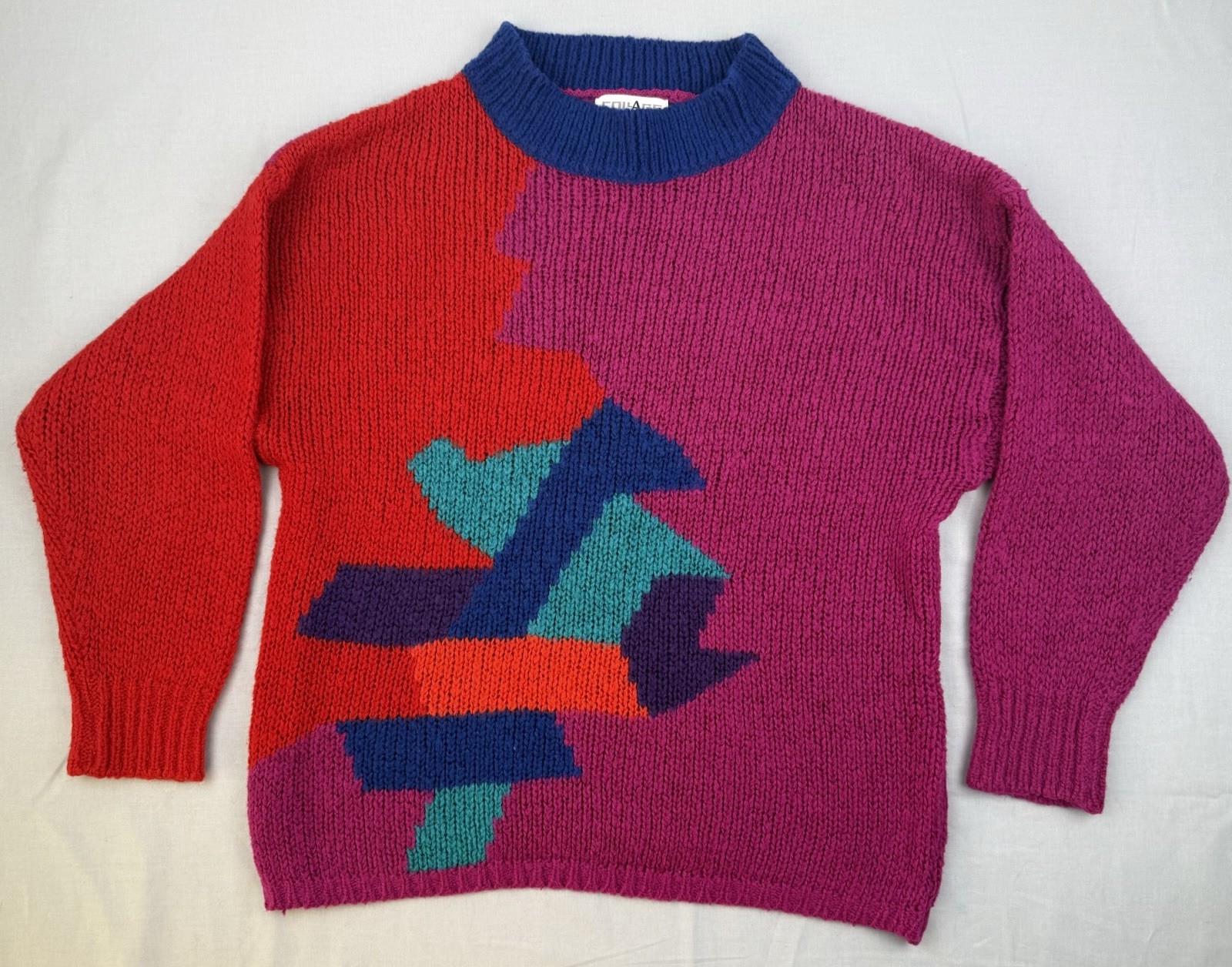 Vintage 80s Colorblock Sweater Medium Bold Abstract Retro Knit