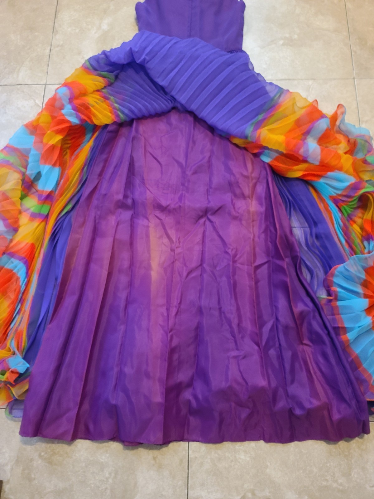 VTG Chiffon Pleated Rainbow Stripe Purple Maxi Dress Ruffle Collar V Neck UV Glo