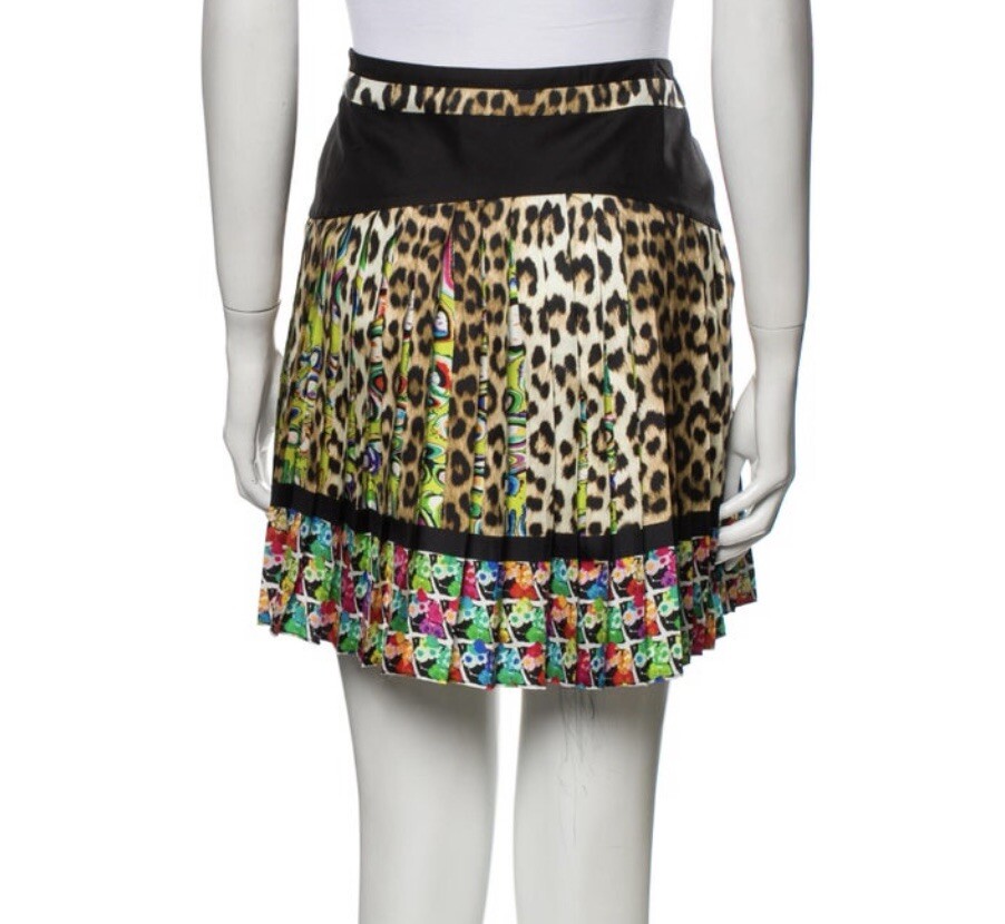 $1390 NWOT ROBERTO CAVALLI SILK LEOPARD PRINT PLEATED MINI SKIRT SZ S US4 IT40