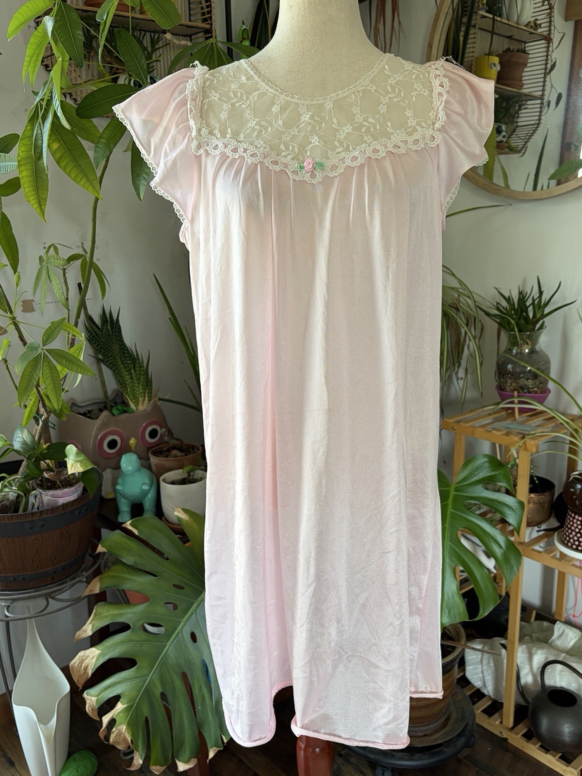 Improved Living Vtg Pink Nylon Lace Nightgown Cap Sleeve Coquette Cottagecore