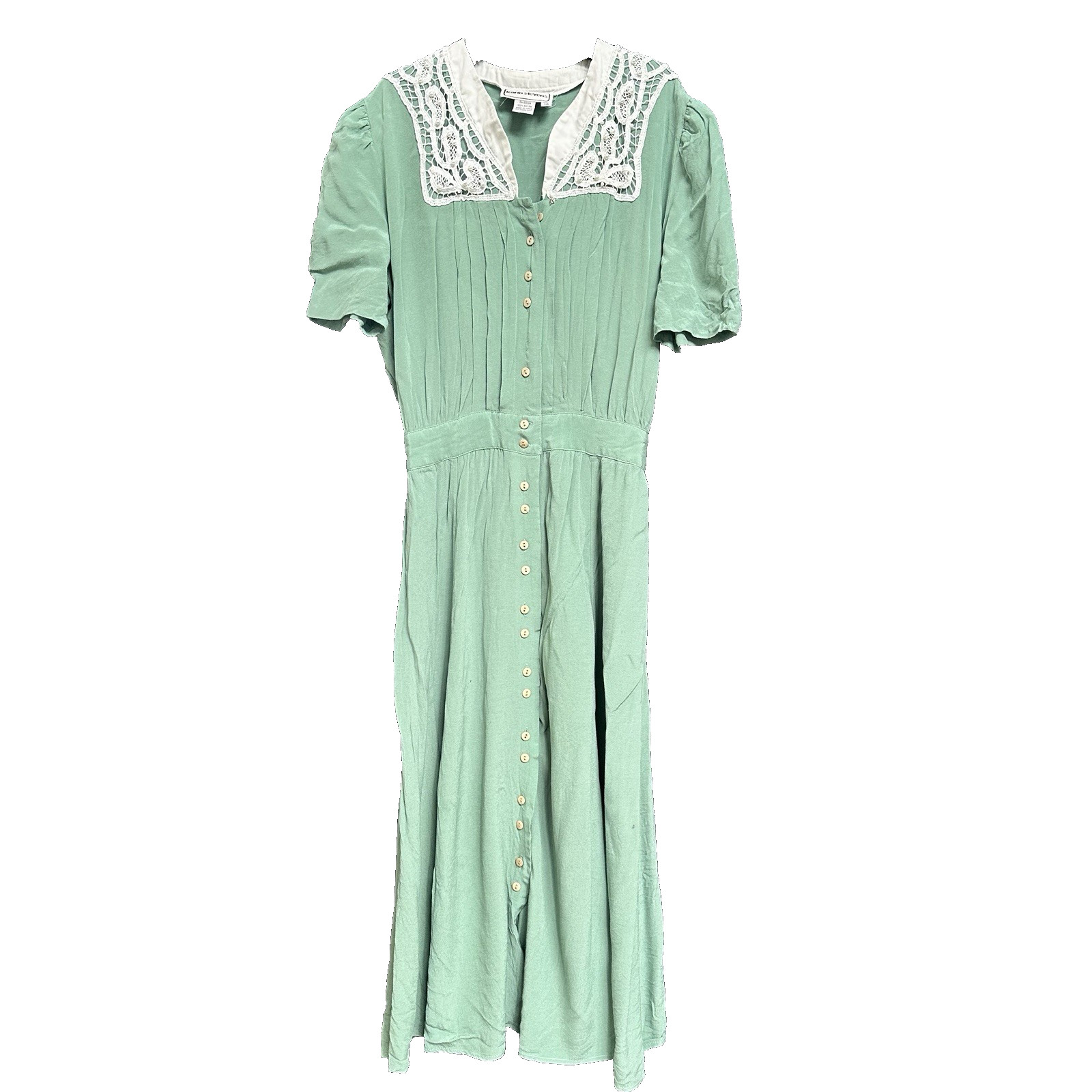 Vintage 80s Karin Stevens Green Prairie Dress Lace Collar Button Front Size Lg