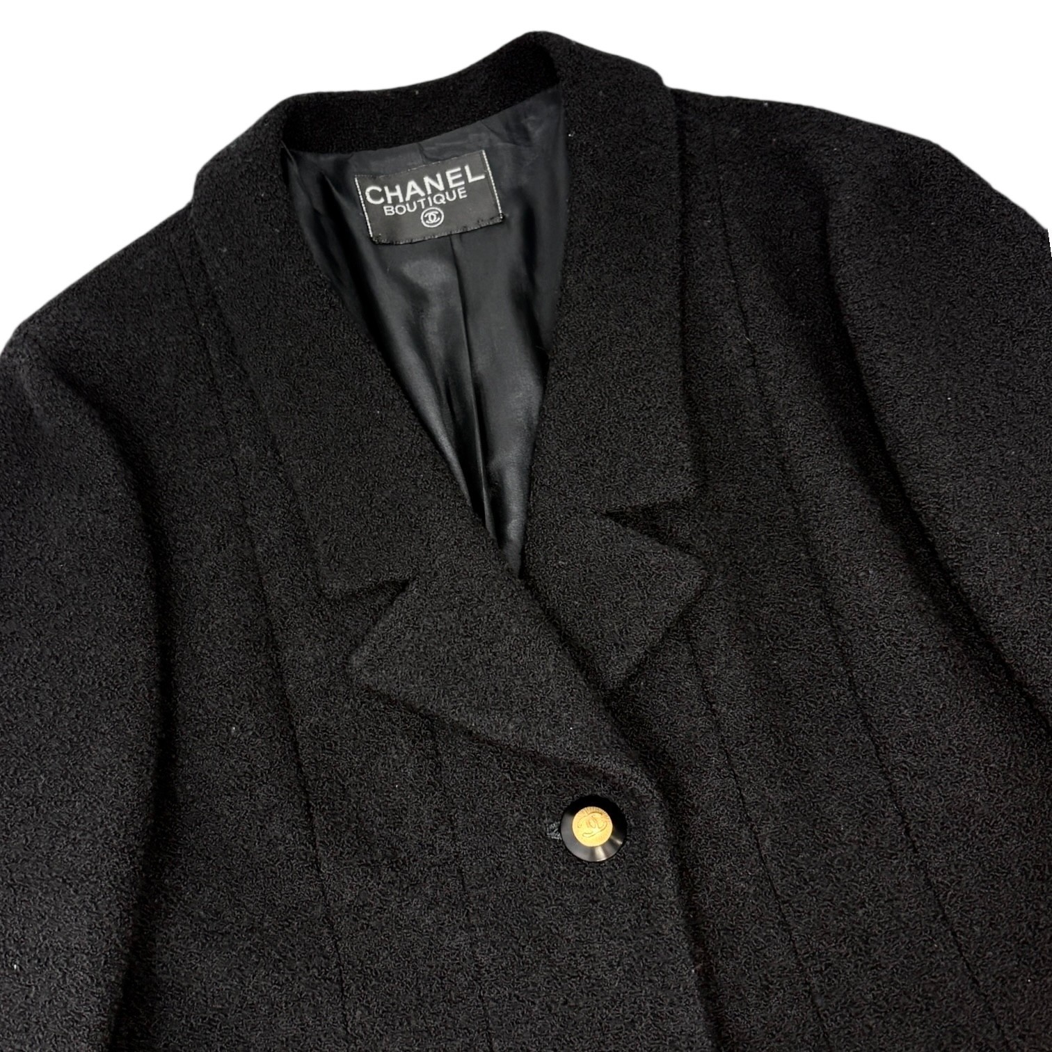 CHANEL Vintage CC Mark Logo Gold Button Jacket Black Wool Silk Pockets