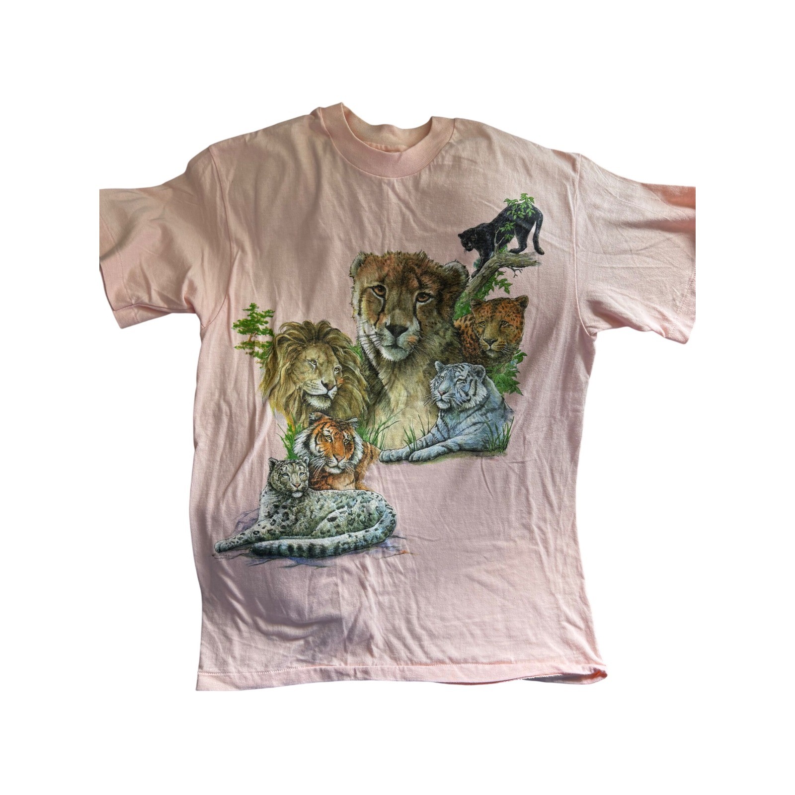 Vintage 1993 Peter Kuck Harlequin Big Cats Graphic T-Shirt Pink Lion Tiger 90s