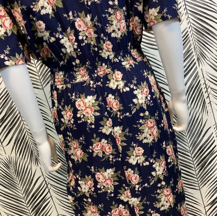 Vintage 1980’s Dark Floral Rose Print Midi Dress, Navy Blue and Pink, Size 12