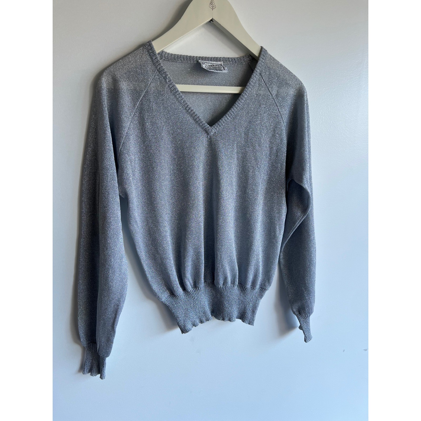 Vintage Silver Metallic Knit Top V Neck Lightweight Sparkle Blouse L Y2K Party