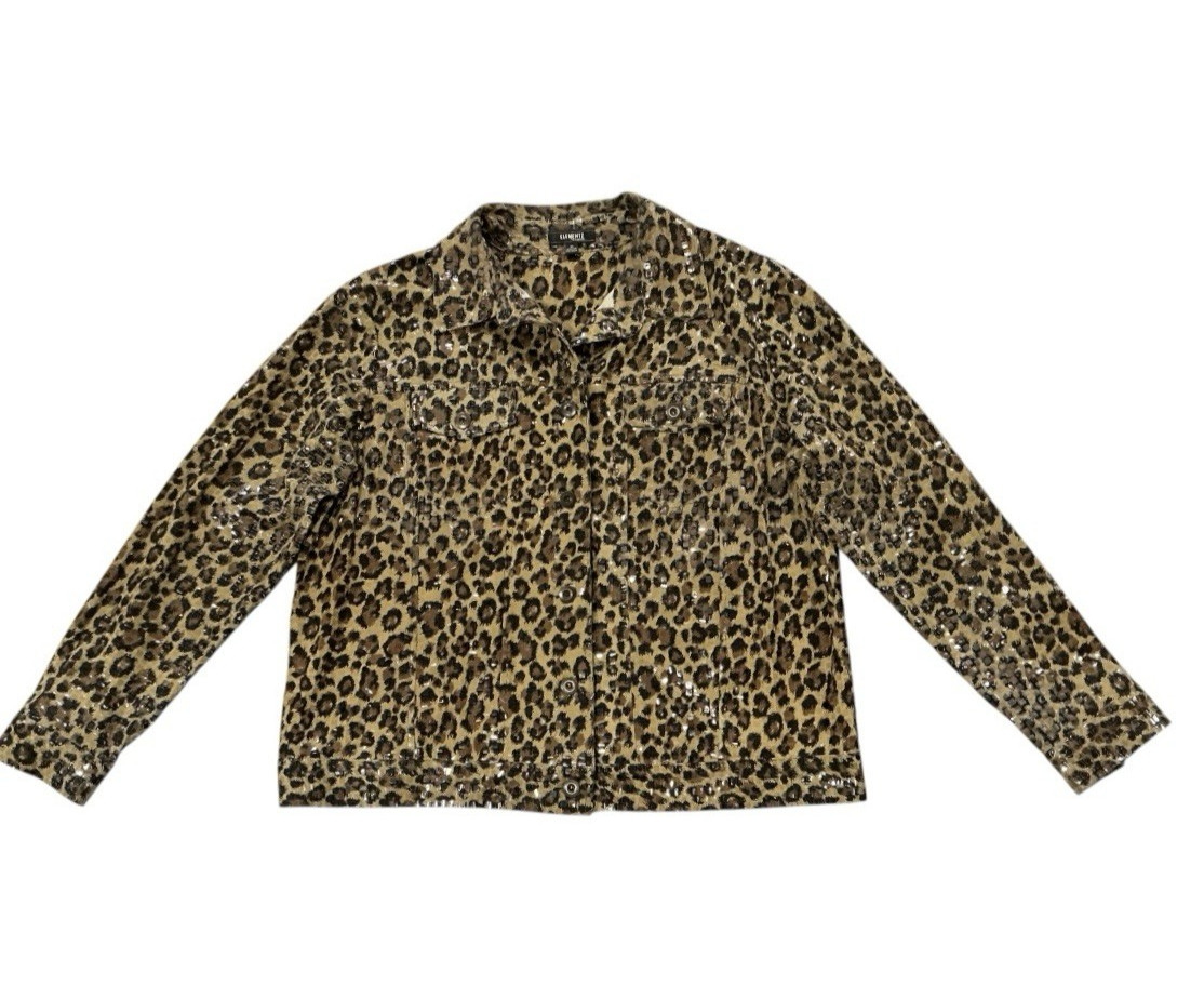 ELEMENTZ Leopard Print Sequin Jacket Womens 1X Stretch Animal Print