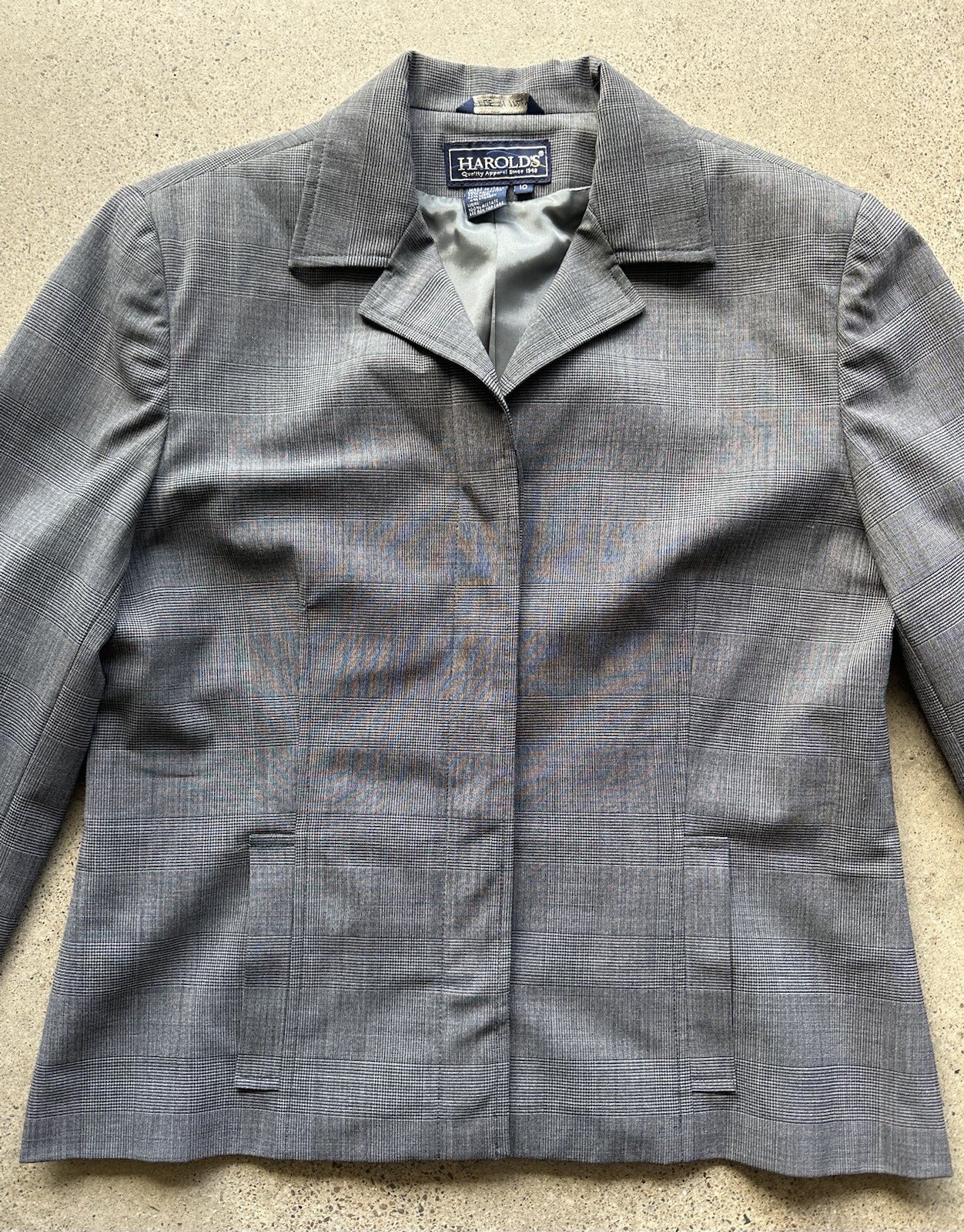 Vintage Harold’s Gray Plaid Polyester & Wool Suit Jacket Blazer Size 10 Italy