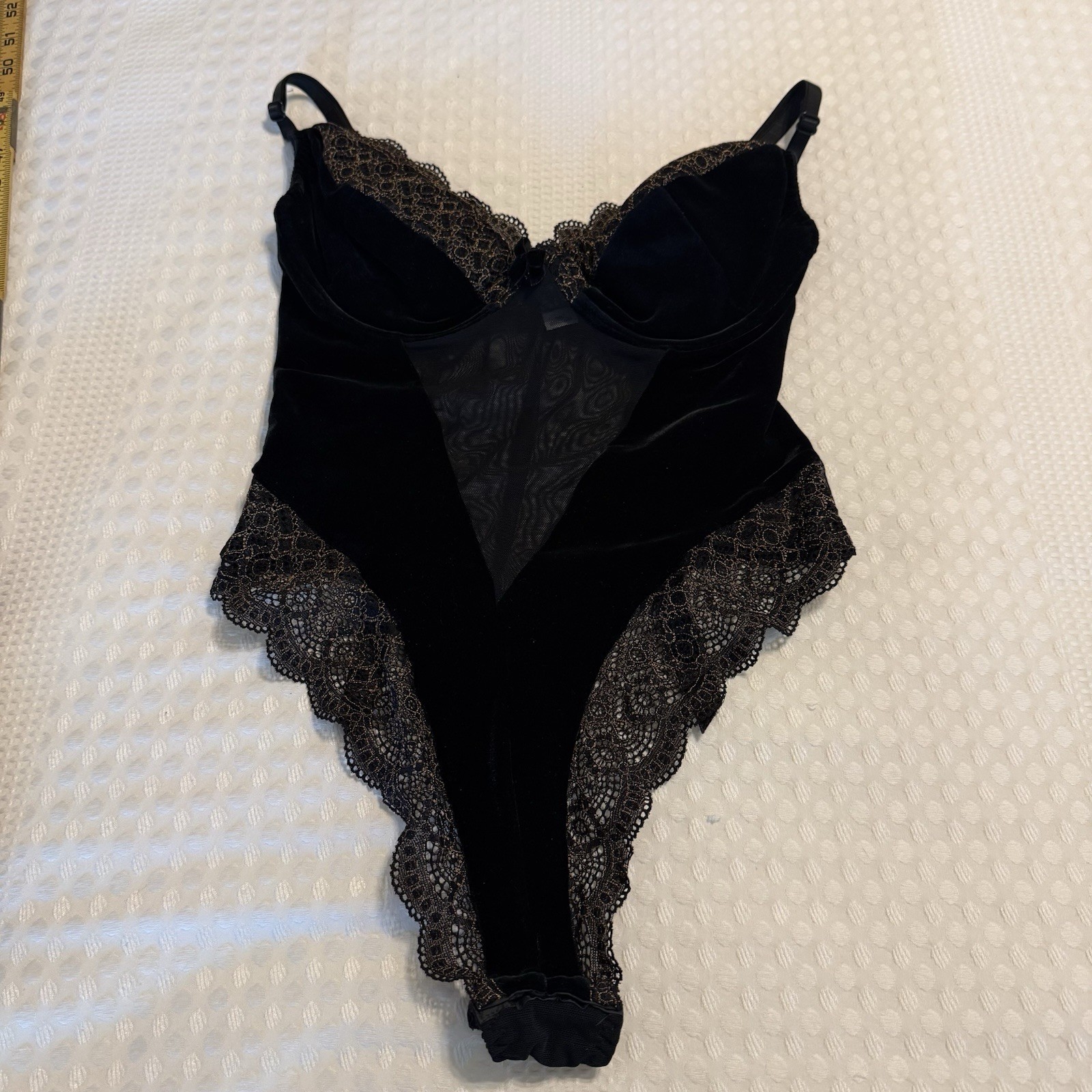 Vintage 1990’s Victoria’s Secret Black Gold Velvet Teddy Lingerie Body Suit 36C