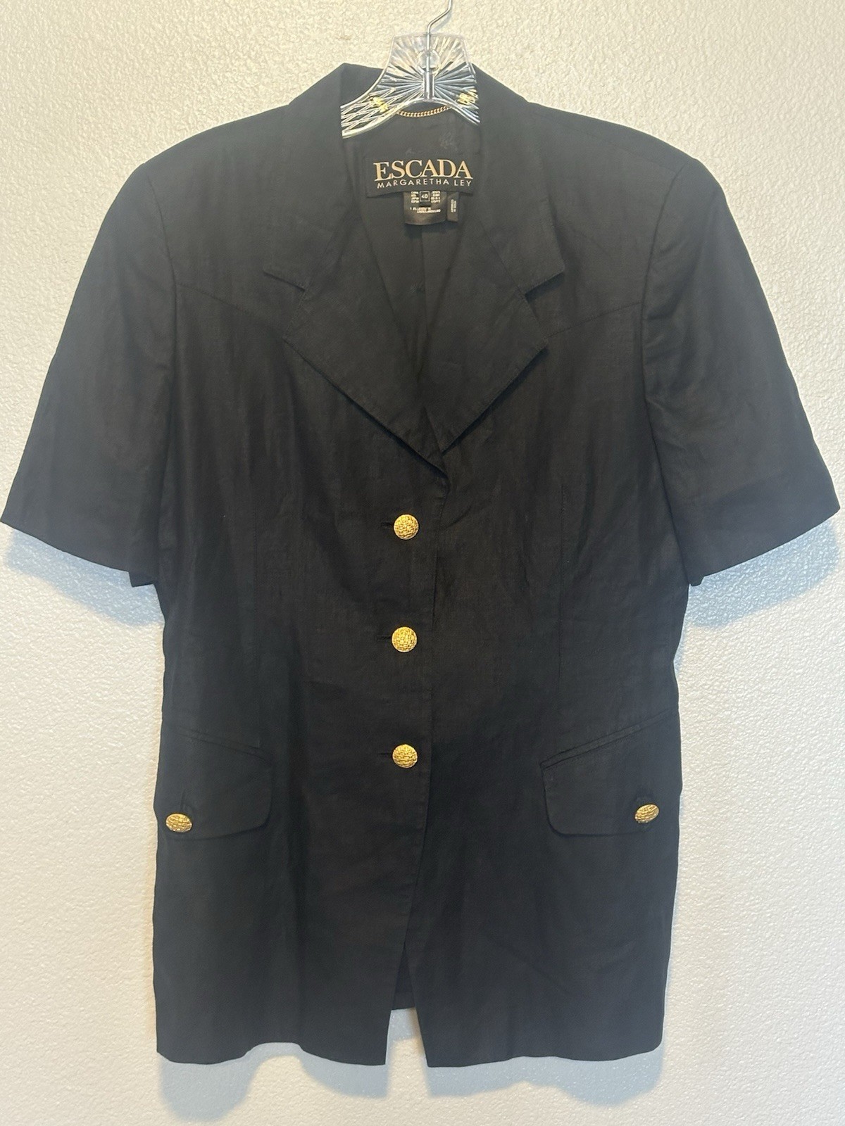 VTG ESCADA Margaretha Ley SZ.40 M Black 100% Linen Gold Button S/S Jacket Blazer