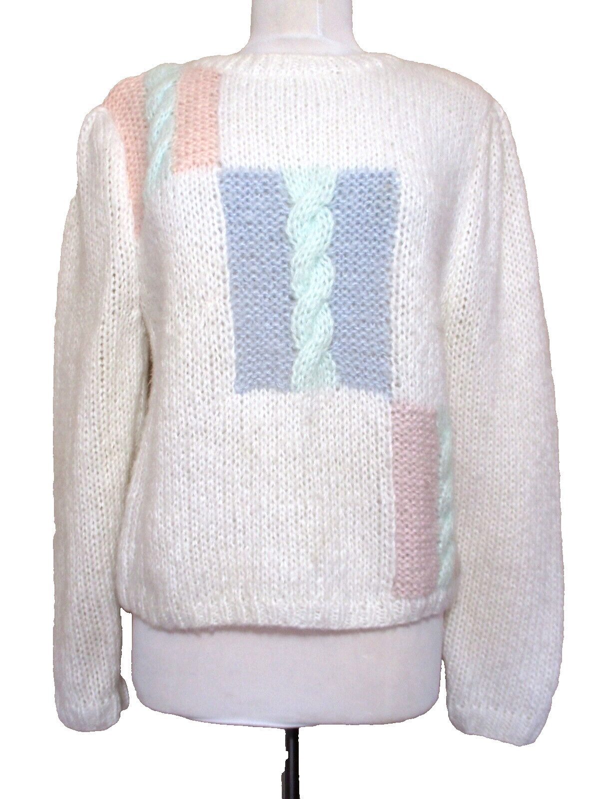 Vtg Thoroughbreds Sweater Medium Women Hand Knit Pastel Acrylic Pouf Sleeves 80s